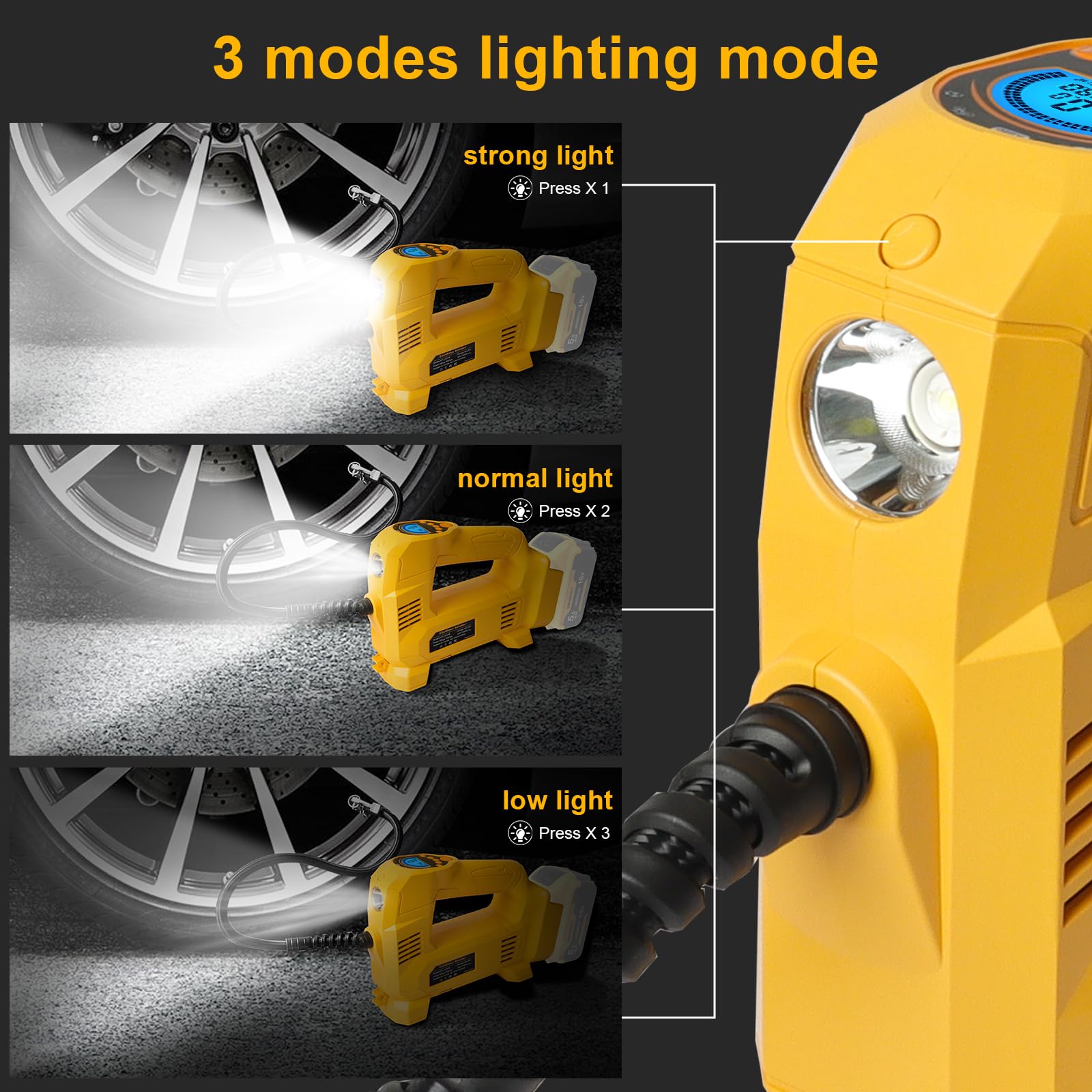 QUPERR Akku Kompressor kompatibel mit Dewalt 18V Akku, Elektrischer Luftkompressor bis 10,34 bar mit LED-Licht & Autostopp, Tragbare Luftpumpe für Auto, Motorrad, Fahrrad, Bälle (ohne Akku)