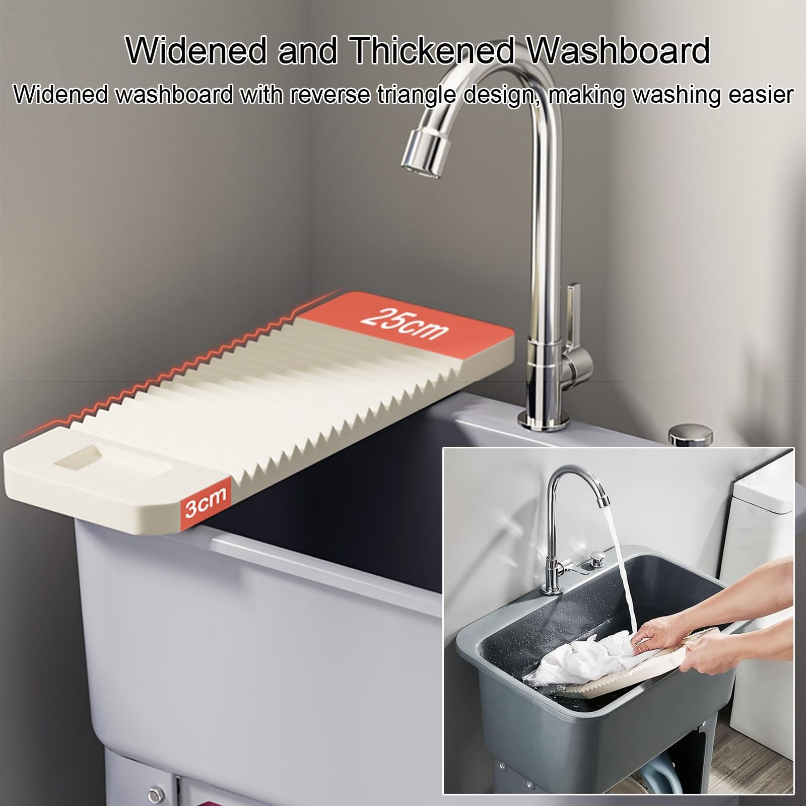 Fregadero utilitario con grifo giratorio de 360°, fregadero de plástico independiente con almacenamiento de tabla de lavado para garaje, laboratorio, lavandería y jardín
