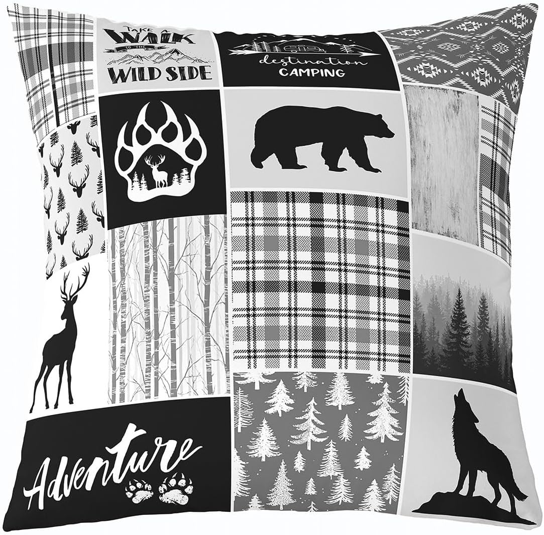 Adventure Themed Throw Pillow Cover 24x24 Inch Lodge Cabin Wild Animal Bear Deer Pillow Case for Kids Teens Adults Black Gray White Grid Rustic Jungle Cushion Cover for Sofa Chairs