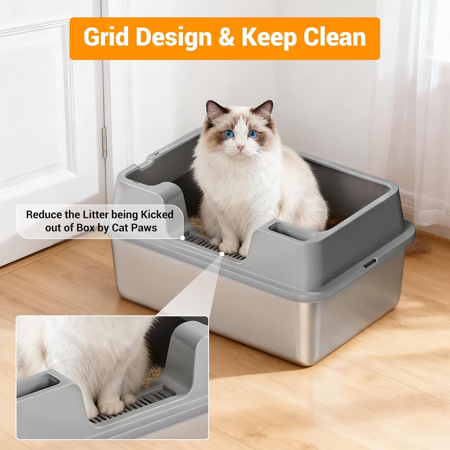 23.6" x 15.7" x 8.6" Extra Large Semi-Enclosed Stainless Steel Cat Litter Box, PP + Stainless Steel Cat Pan with High Sides, Anti-Leakage Design, Includes Scoop & Holder (Gray)