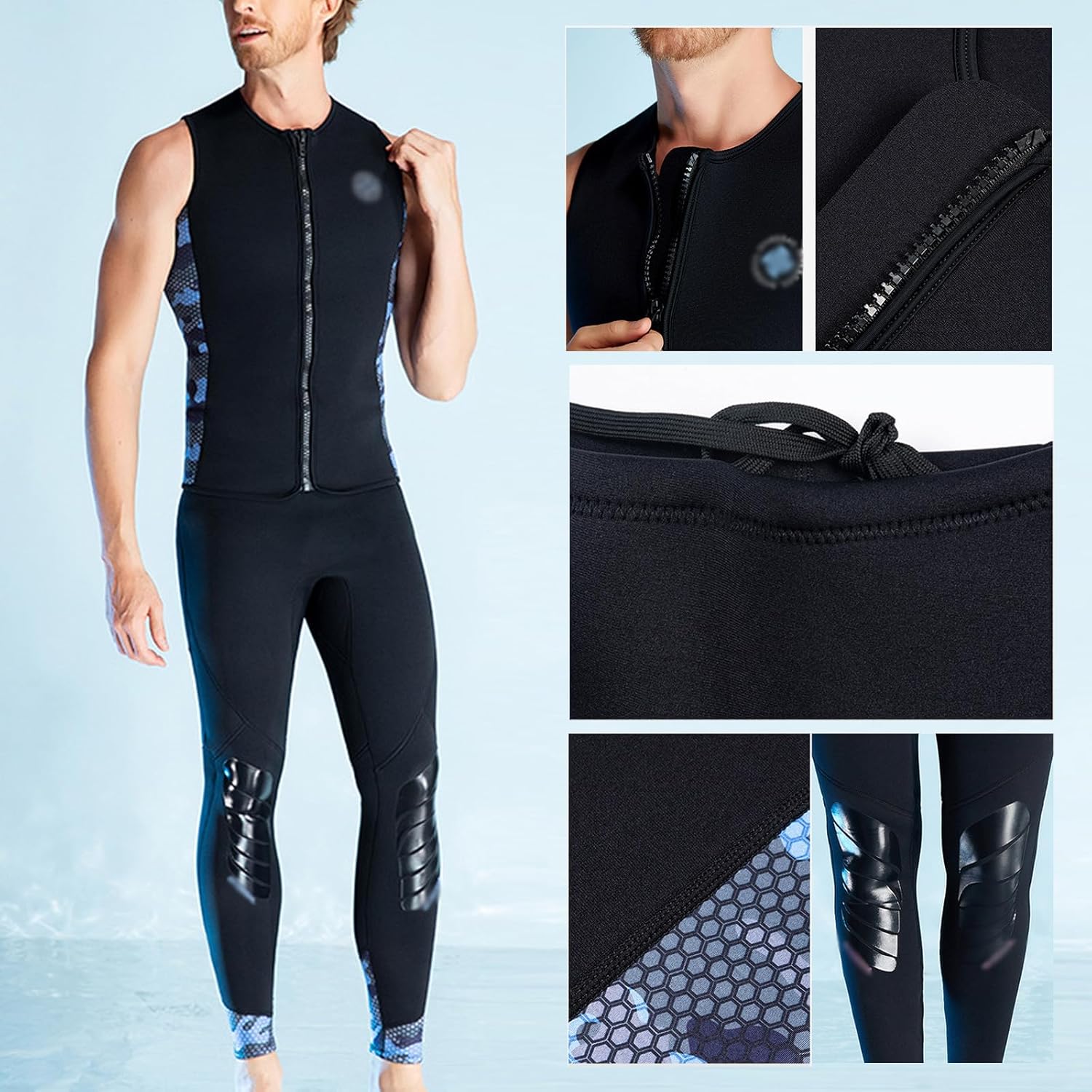 2-Pieces Split Wetsuit Top Men Women Wet Pants, Neoprene Sleeveless Swimsuit Front Zip Diving Suit