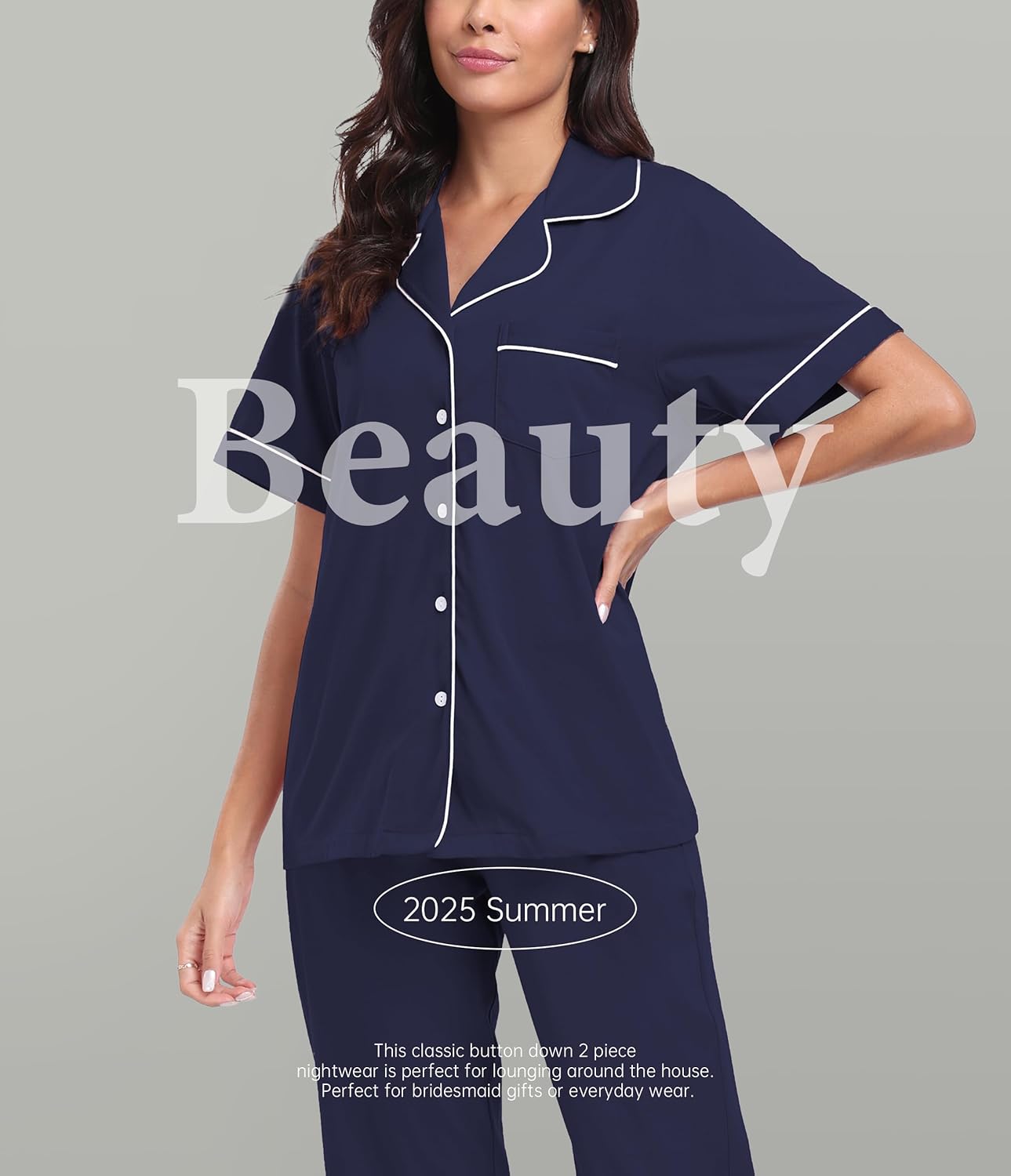 CF Women's 100% Cotton Pajamas Set Short Sleeve Top & Long Pants Sleepwear Button Down Pjs Sets Comfy Loungewear with Pockets - Image 5