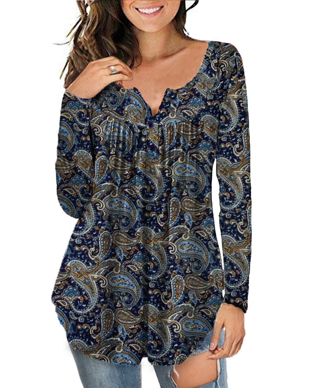 a.JesdaniPlus Size Tunic Tops Long Sleeve Casual Floral Printed Henley V Neck Shirts for Women