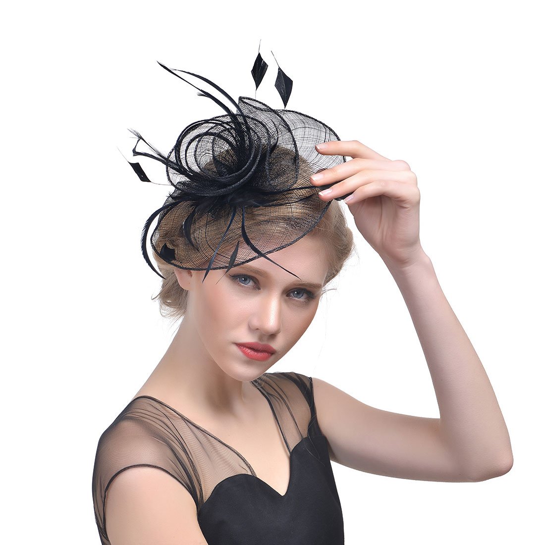 Cappelli da Cocktail. Cappello da Sposa con Fermaglio for Capelli, con Piume, da Sposa, da Cerimonia, da Chiesa, da Banchetto, for Ragazze.(MSM 017 Black)