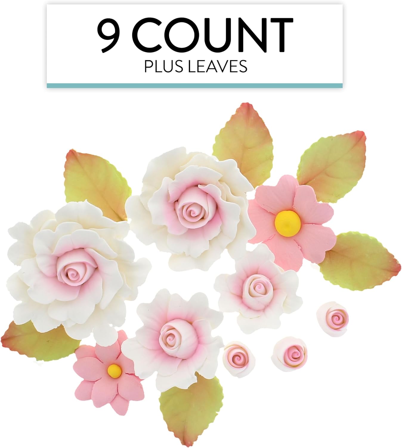 Global Sugar Art Ruffled Roses & Blossoms Sugar Cake Flowers Set, Pink, 9 Count with leaves by Chef Alan Tetreault