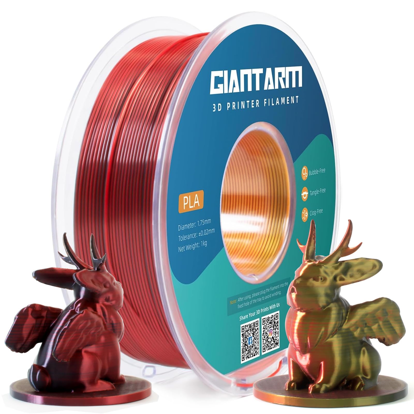 GIANTARM Filament PLA Silk - 1,75 mm (±0,02 mm) - Pour imprimante 3D - 1 kg - 1 rouleau emballé sous vide - PLA Silk-like tricolore, doré + rouge + noir