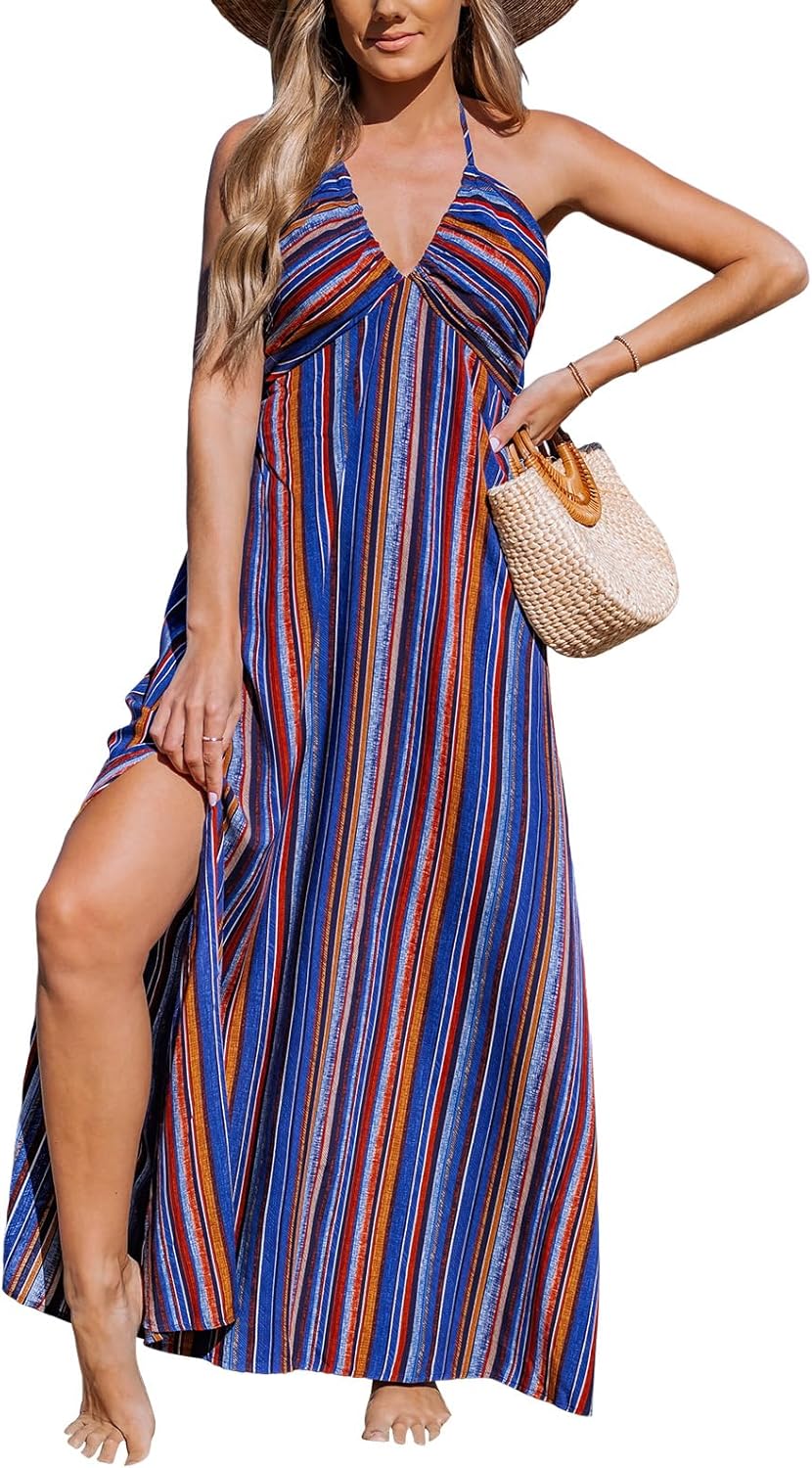 CUPSHE Women Backless Ruffle Summer Dress Halter Plunging V Smocked Waist Back Bow Tie Tiered Maxi Casual Beach Dresses