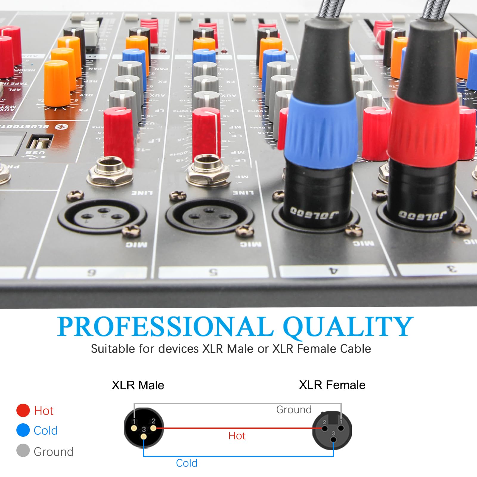 JOLGOO Cable XLR de 6.5 pies, 6 unidades, cable DMX, XLR macho a XLR hembra, equilibrado de 3 pines, cable de micrófono XLR para uso en estudio y escenario