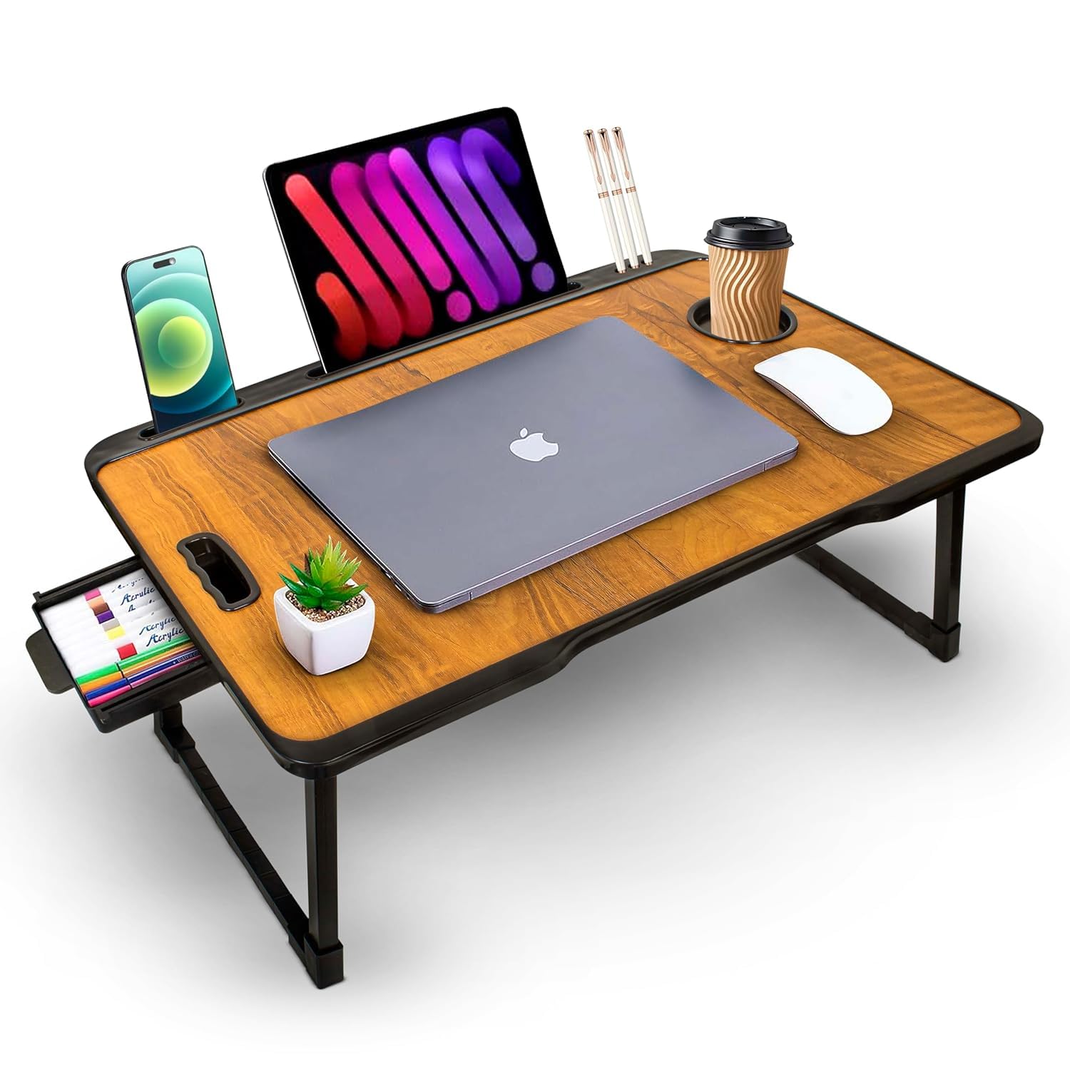 TEKCOOL Smart Multipurpose Foldable Laptop Table with Cup Holder, Study Table, Bed Table, Breakfast Table, Foldable and Portable/Ergonomic & Rounded Edges/Non-Slip Legs (Wood), 60 cm