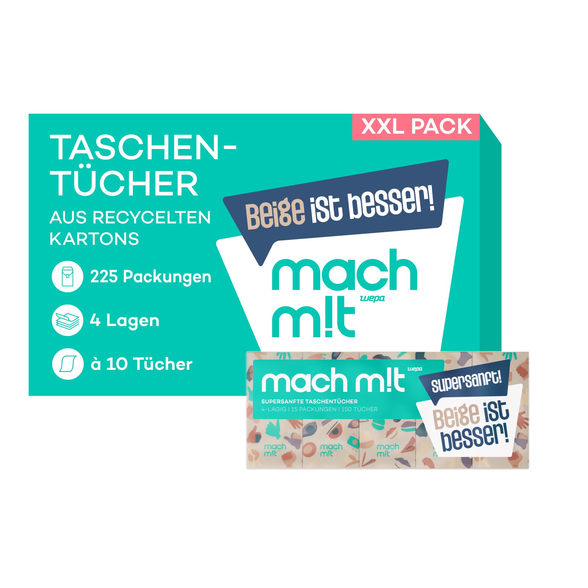 mach m!t Taschentücher 4-lagig – 225 Packungen – 10 Tücher pro Packung - ohne Bleichmittel - Taschentuch aus recyceltem Karton – extrem weich & umweltschonend - Made in Germany - 100% recycelbar
