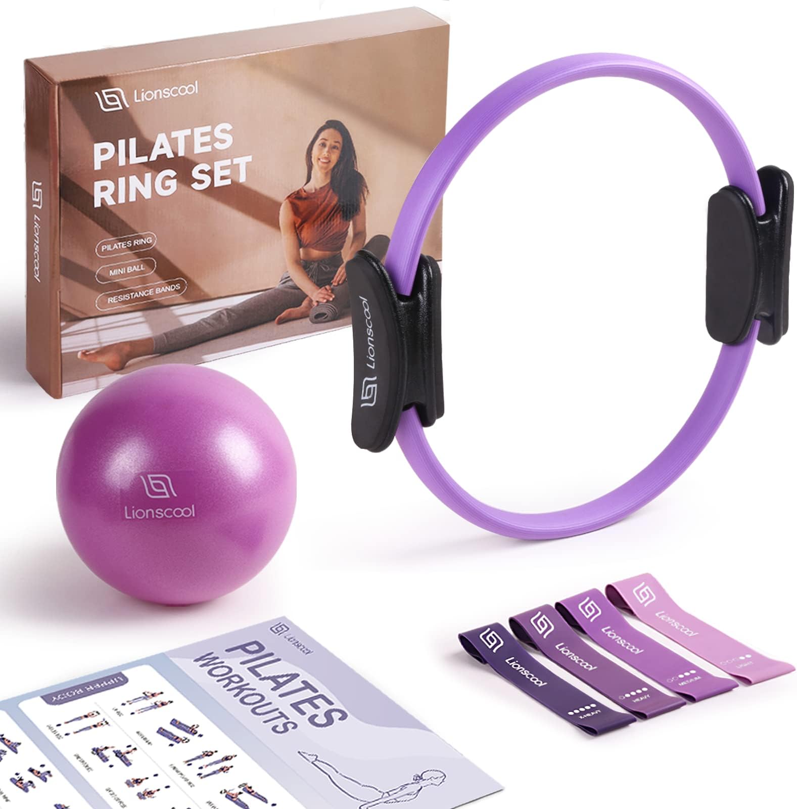 Pilates Ring Set - Premium14”Magic Circle with Dual Padded Handles - Includes Pilates Mini Ball & Highly Elastic Resistance Bands & Workout Guide & Bag