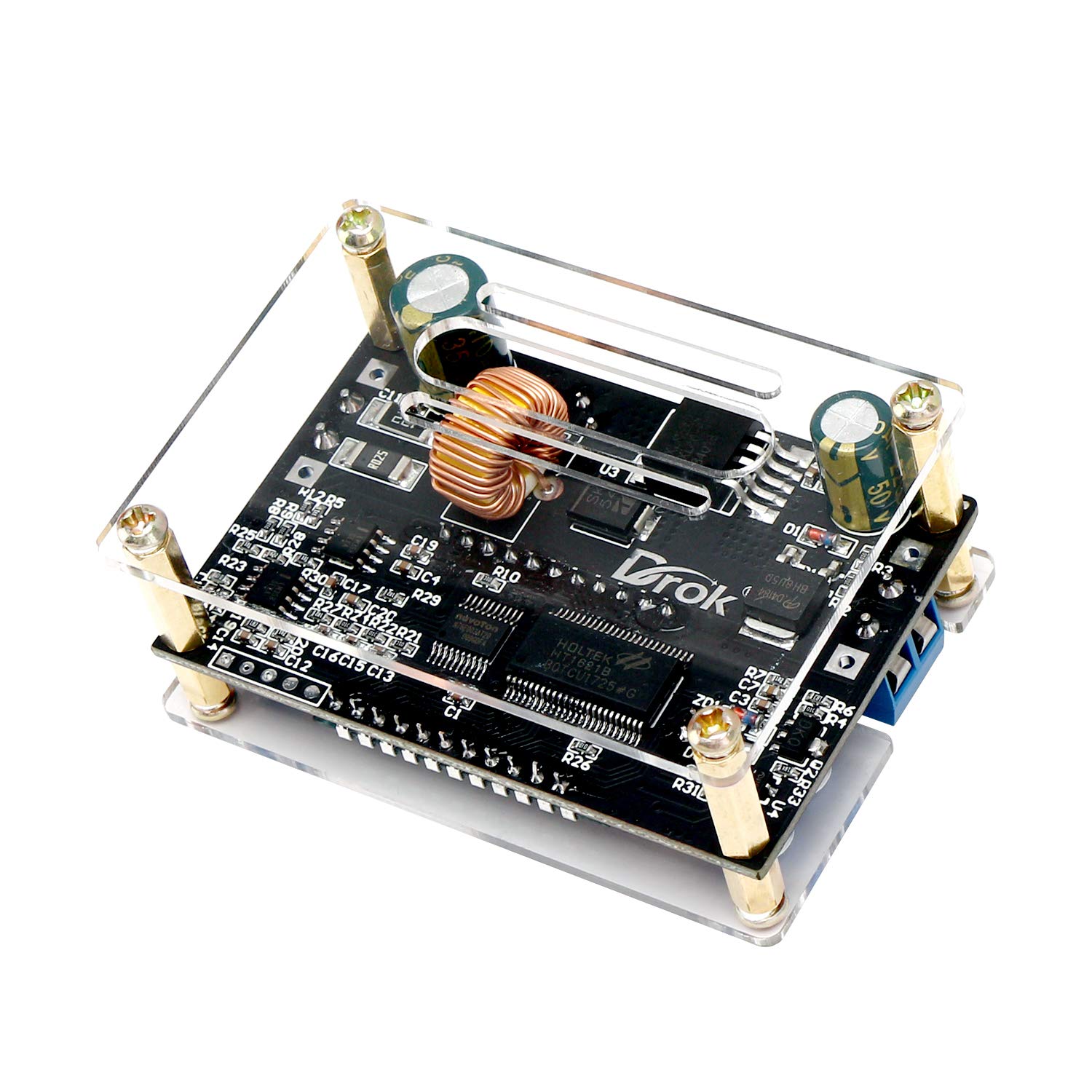 Components of the DROK Buck Converter including the circuit board, acrylic case pieces, screws, and heat sink.