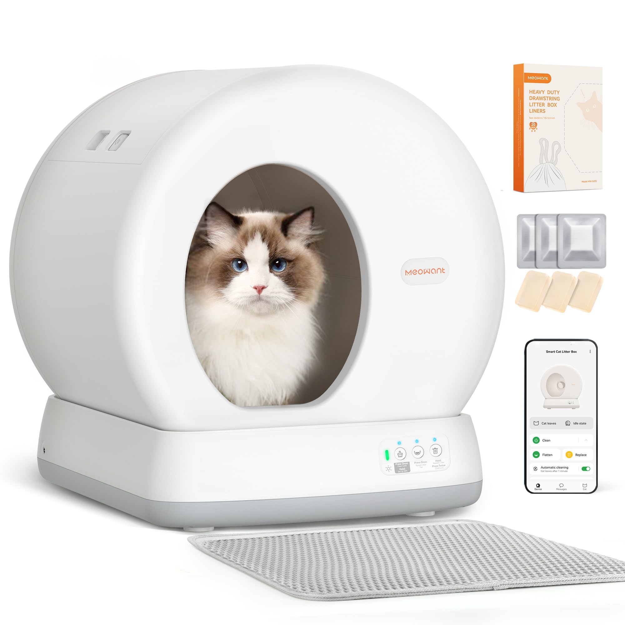 MeoWant Lettiera Gatto Autopulente, Toilette Automatica per Gatti, Anti-pizzicamento, Vaschetta Lettiera Chiusa per Gatti Grandi e Multipli, Controllo APP, Lettiera Robot, Degli Odori, con Tappetino
