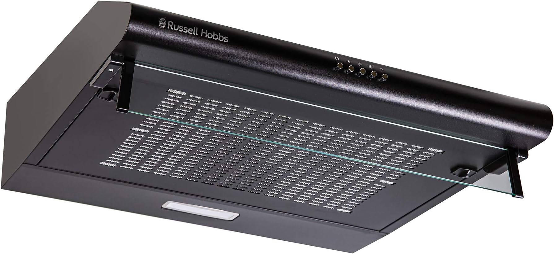 Russell Hobbs 60cm Wide Visor Cooker Hood in Black Steel, 3 Speed Settings, Washable Filters, LED Lights, Low Noise, Extraction and Recirculation, Premium Push Button Controls, RHVSRCH602B-M