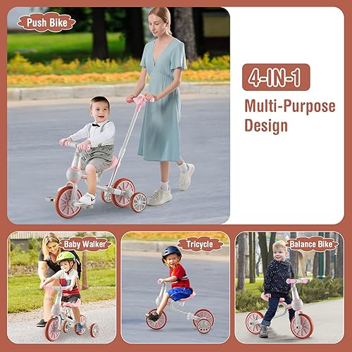 Miniatura 3 de BABY JOY Triciclo 4 en 1 para bebé, bicicleta de equilibrio de entrenamiento para niños con mango ajustable para padres, altura de asiento de 2