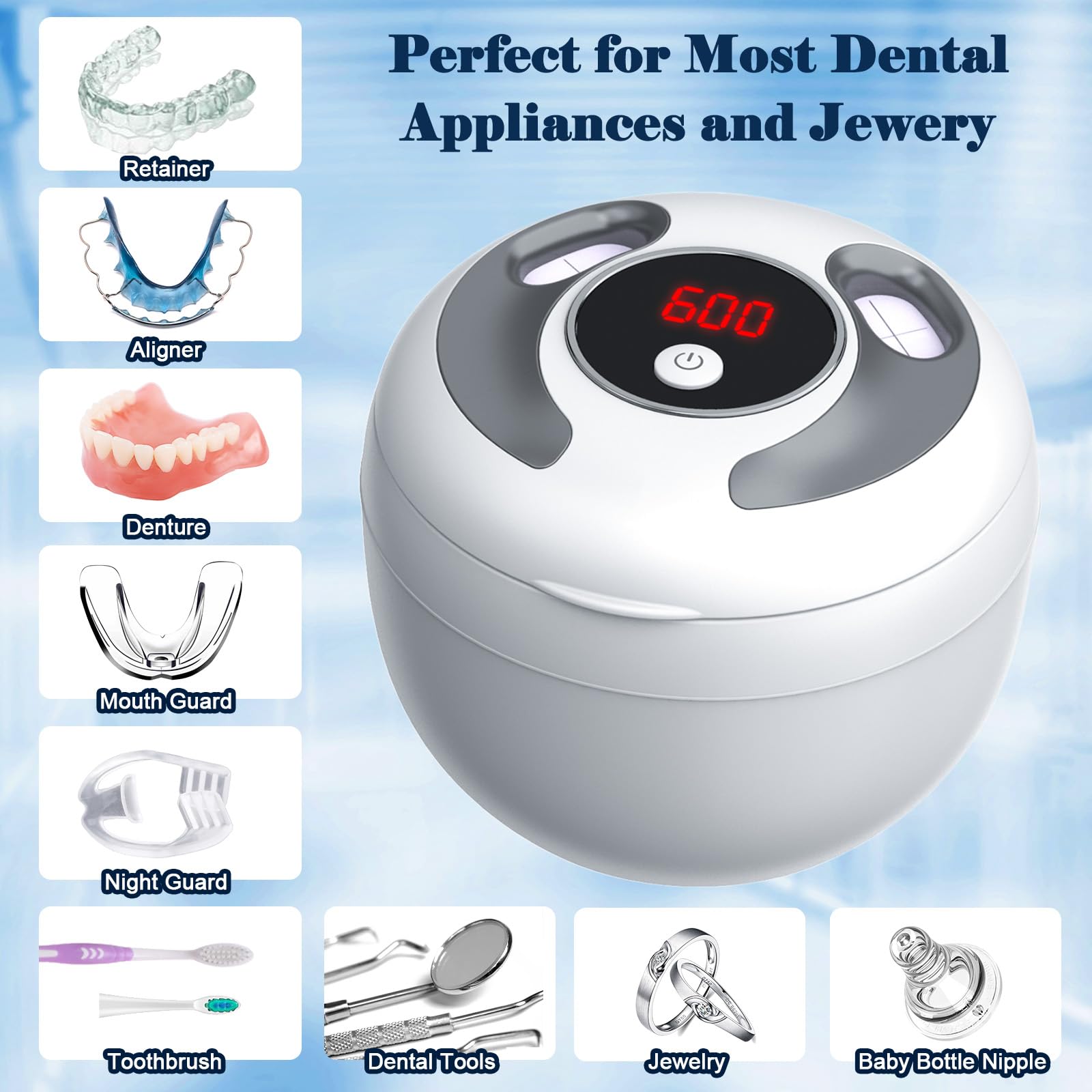 45000Hz Ultrasonic Cleaner Nettoyeur Ultrasons, 200ML Dental Pod, 25W Nettoyant Ultrason avec 4 UV Lampe, 4 Modes pour Prothèses Dentaires, Gouttière Dentaire, Retainer, Bijoux, tête de brosse