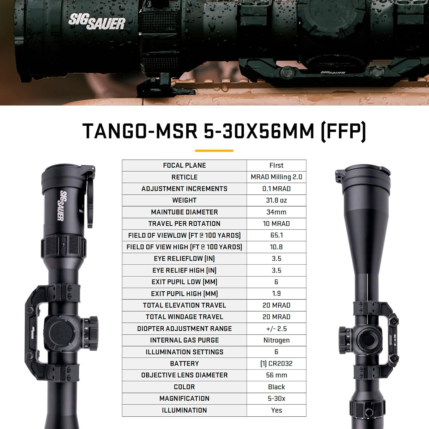 SIG SAUER Tango-MSR 5-30x56mm 34mm Tube F1/First Focal Plane High-Magnification Durable Shockproof Waterproof Fogproof Black Hunting Riflescope, Lens Covers & 34mm Alpha-MSR 1.420" Mount Included