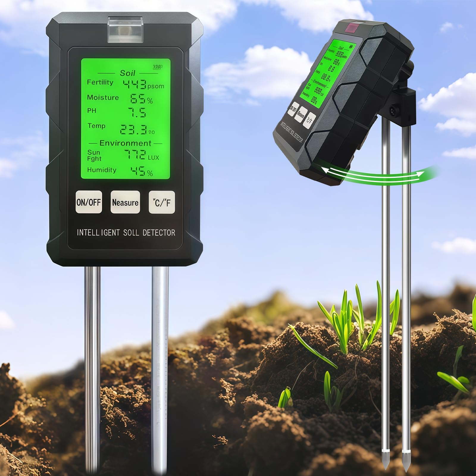 Testeur de pH du Sol 6 en 1, Hygrometre Plante pour Sol/humidité/ph/température/lumière/humidité ambiante, avec Double Sonde et Pliable à 90 ° écran LCD pour jardin pelouse et plantes d'intérieur
