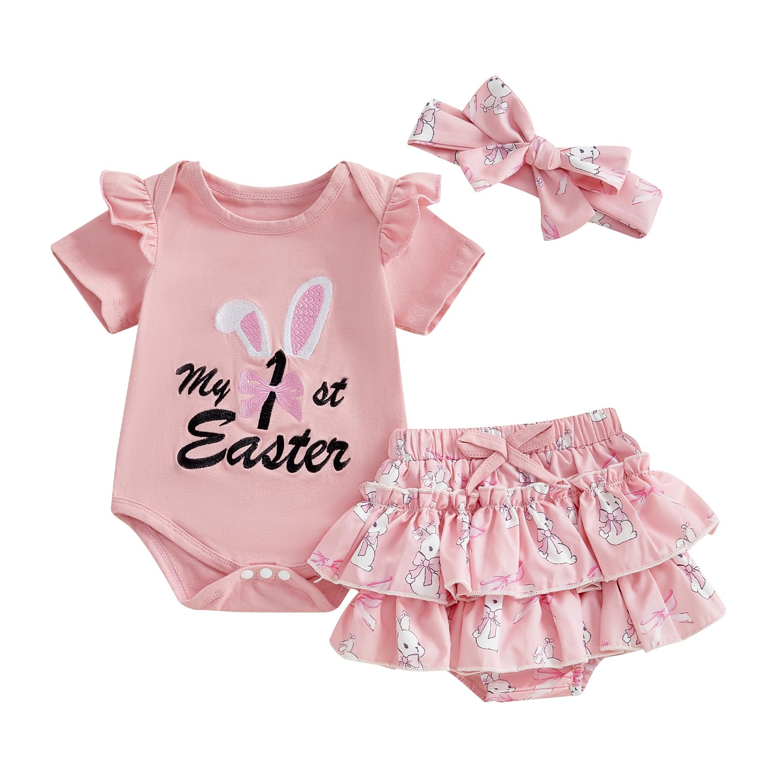 Rtnnsbbfcm Newborn Baby Girl My 1st Easter Outfit Short Sleeve Romper Top Bunny Print Ruffle Shorts Headband 3Pcs Set (0-3 Months,Pink Bunny)