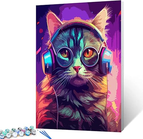 Miniatura 1 de Pintura de gato con auriculares, graffiti, arte de animales por números, 16 x 20 pulgadas, lienzo de dibujos animados de animales, pintura al óleo