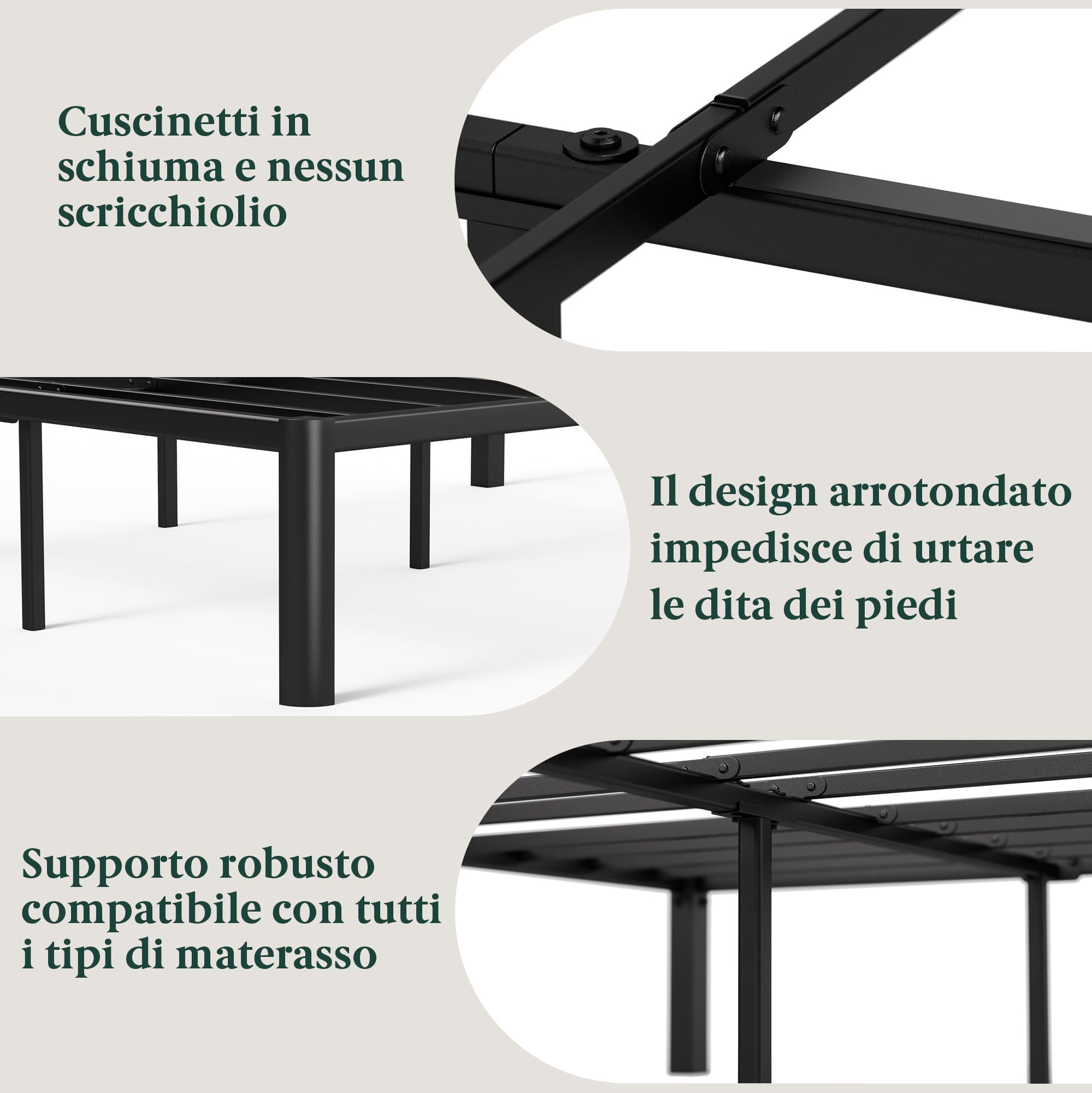 Zinus Van Rete Matrimoniale 160x190 cm - Struttura Letto con Doghe in Metallo Incluse - Altezza 41 cm con Spazio Sottostante - Facile da Montare - Nero