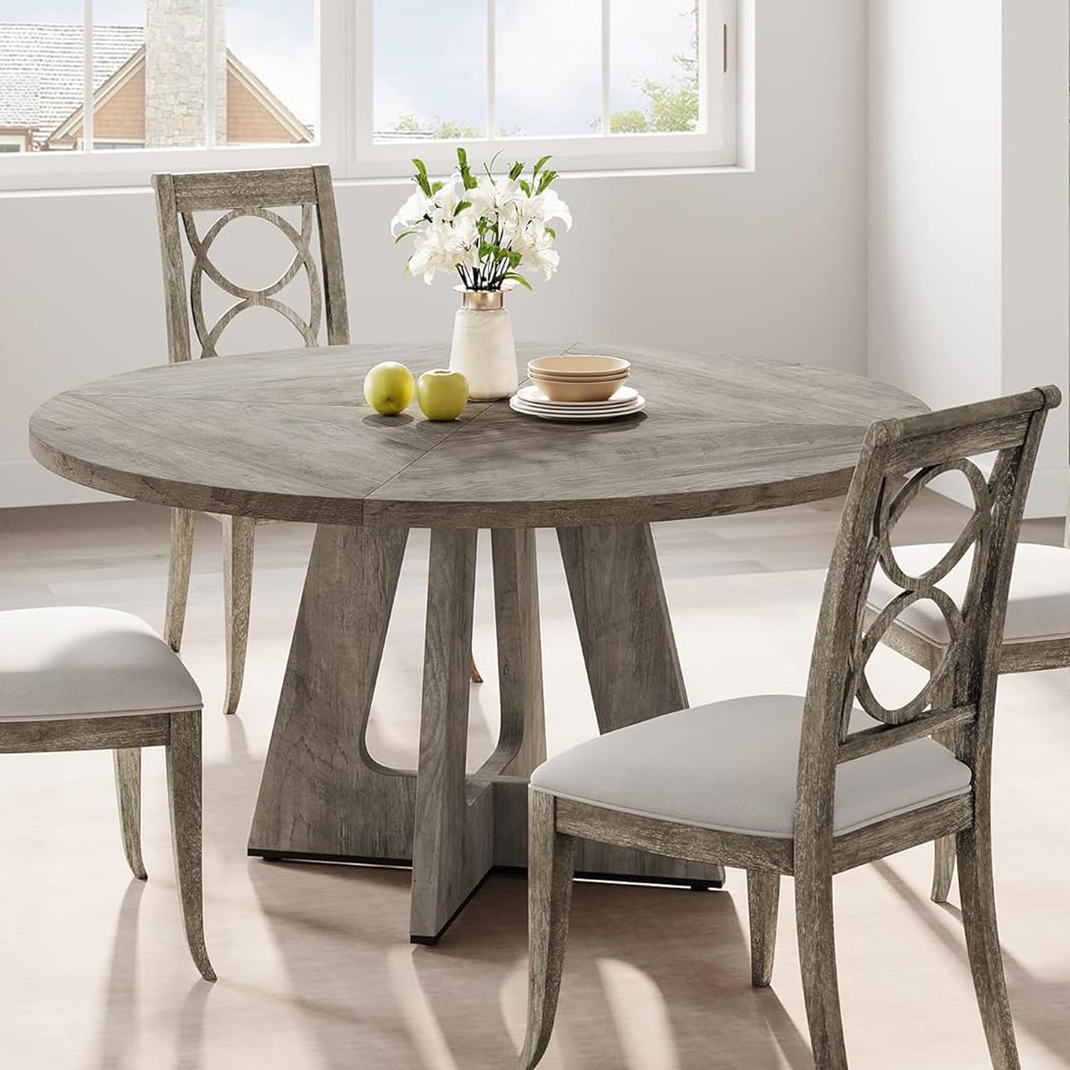 GarveeLife Mesa Redonda de Comedor 120 cm | Mesa de Cocina Veta Madera Gris Claro con Patas Geométricas, Tablero MDF Resistente, para 4-6 Personas, Solo Mesa sin Sillas