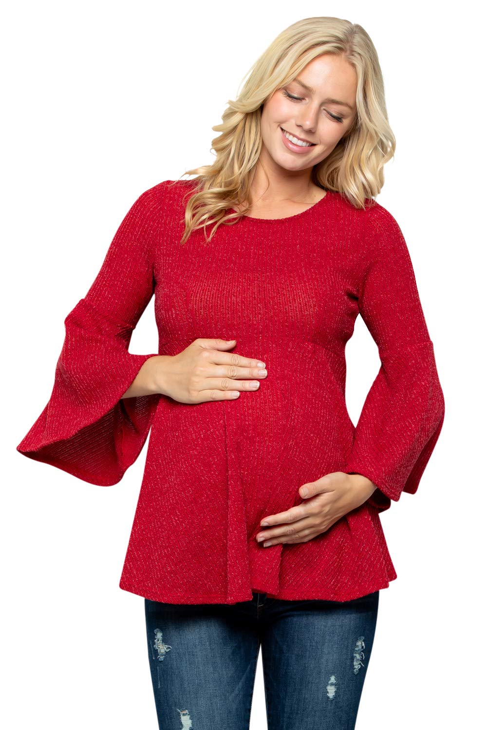 My Bump Bell Sleeve Maternity Pleated Top - Bell Sleeve Casual Round Neck Peplum Top
