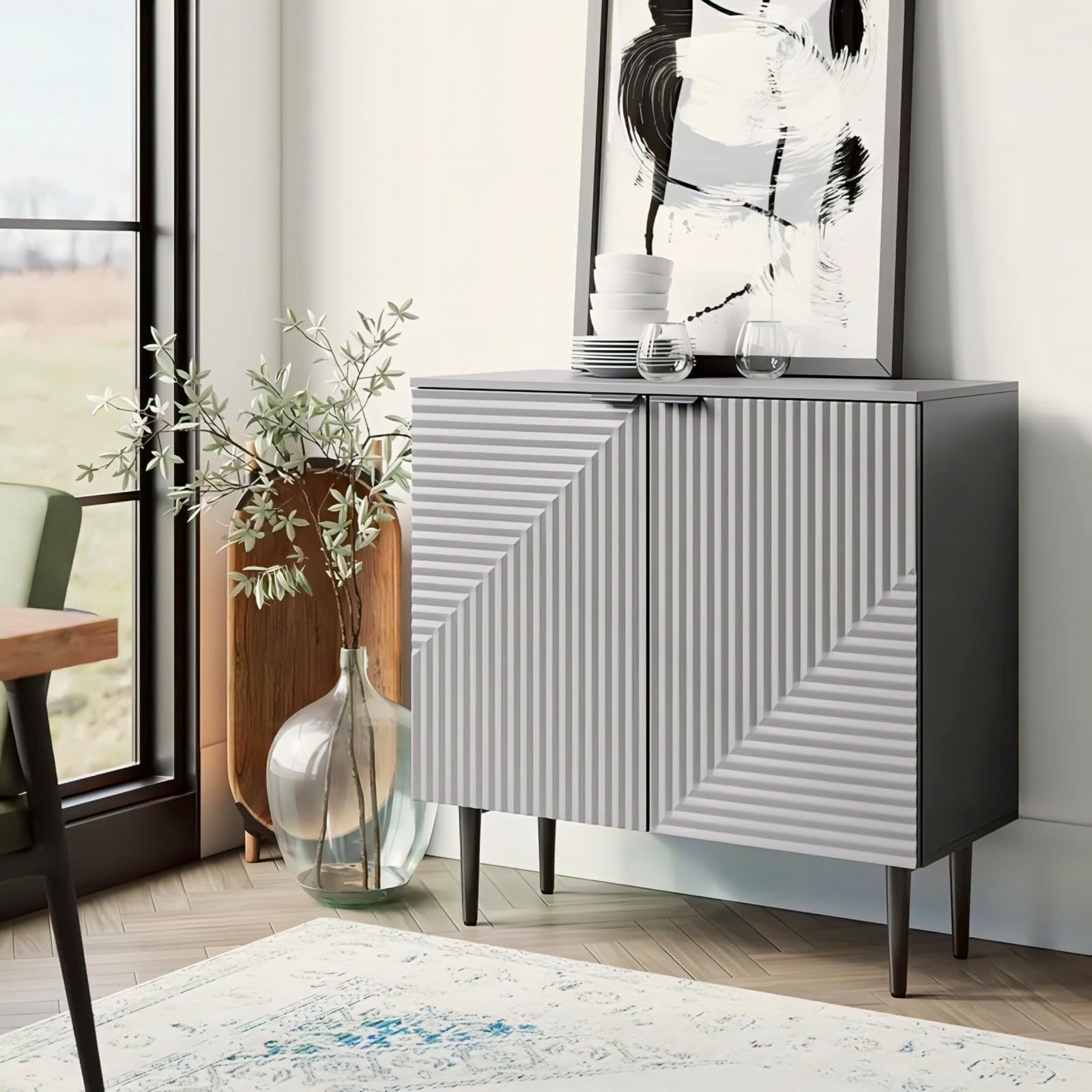 Prism Pattern Wooden Sideboard Cabinet | 4 Door Storage Unit with Metal Legs | Premium HDMR Wood Console Cabinet for Living Room, Kitchen & Dining | DIY Leg Assembly | Grey
