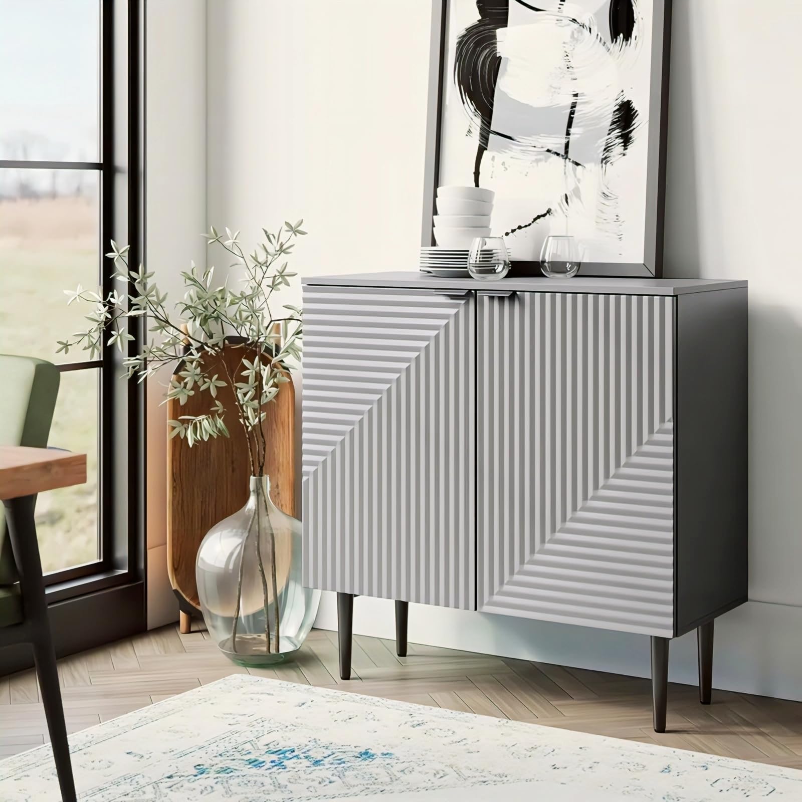 Prism Pattern Wooden Sideboard Cabinet | 2 Door Storage Unit with Metal Legs | Premium HDMR Wood Console Cabinet for Living Room, Kitchen & Dining | DIY Leg Assembly | Grey-image-11