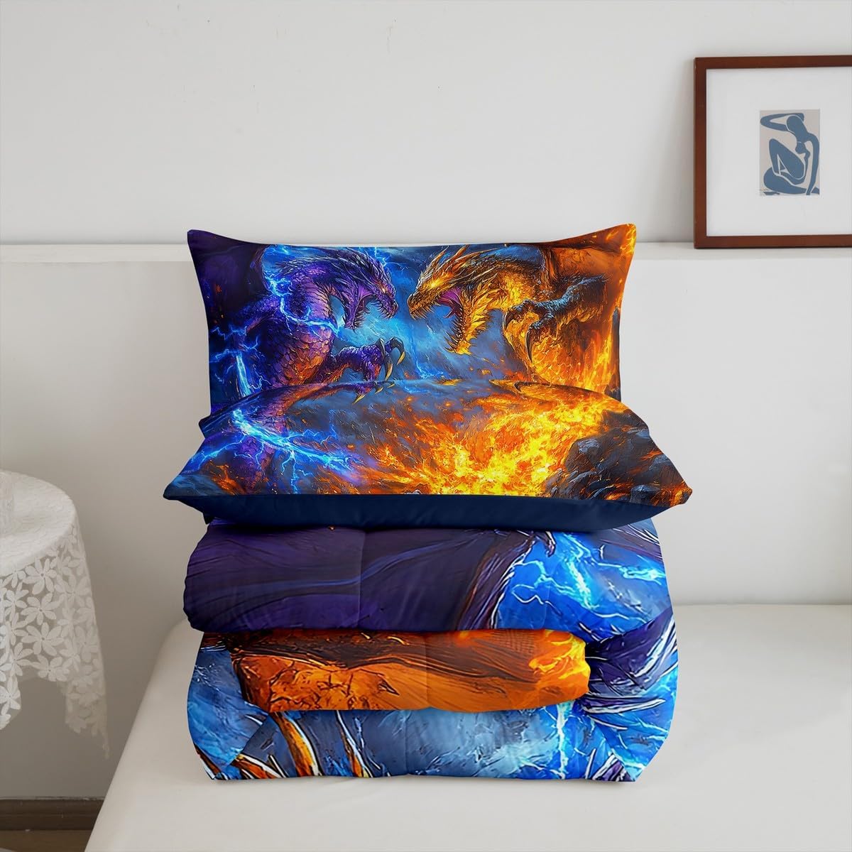 Erosebridal Monster Queen Comforter Set Magic Dragon Bedding Set for Boys Kids Men, Magical Wildlife Animal Print Bedding Comforter Sets Lightning Fire Anime Duvet Set, Monster Theme Quilted Comforter