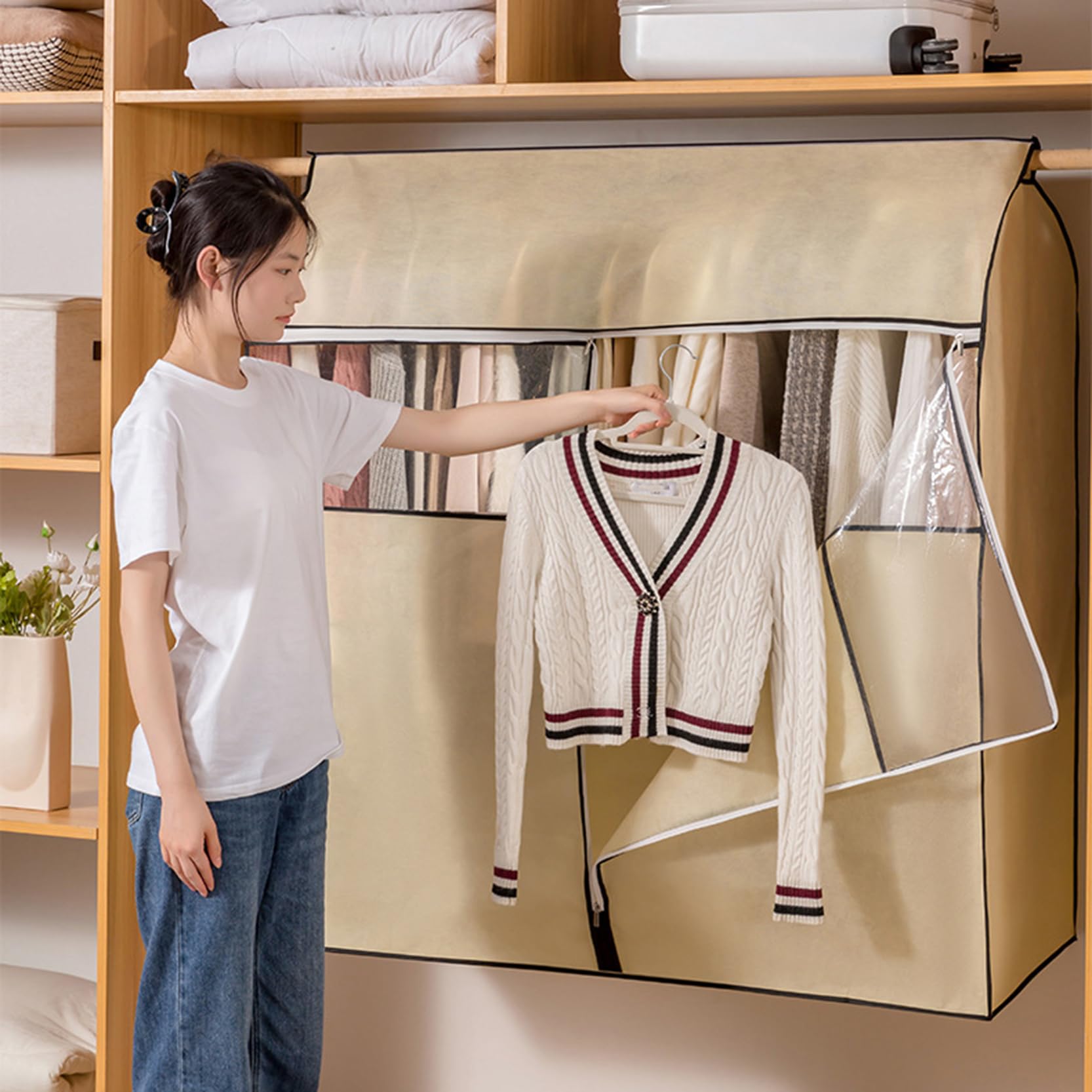 Funda para Perchero de Ropa, Cubierta de Ropa, Ventana Transpirable con Cremallera, Color Beige, 60-150x50x120cm, for Abrigo, Traje Vestir(150x50x120cm)
