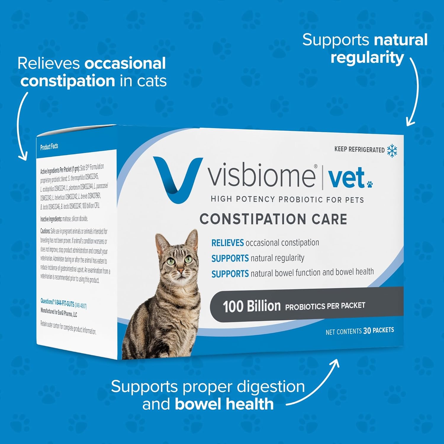 Visbiome® Vet Constipation Care High Potency Probiotic for Cats – 100B CFU, 8-Strain Slab51® Formula – Refrigerated, Veterinarian Recommended Clean Label Certified – 30 Packets