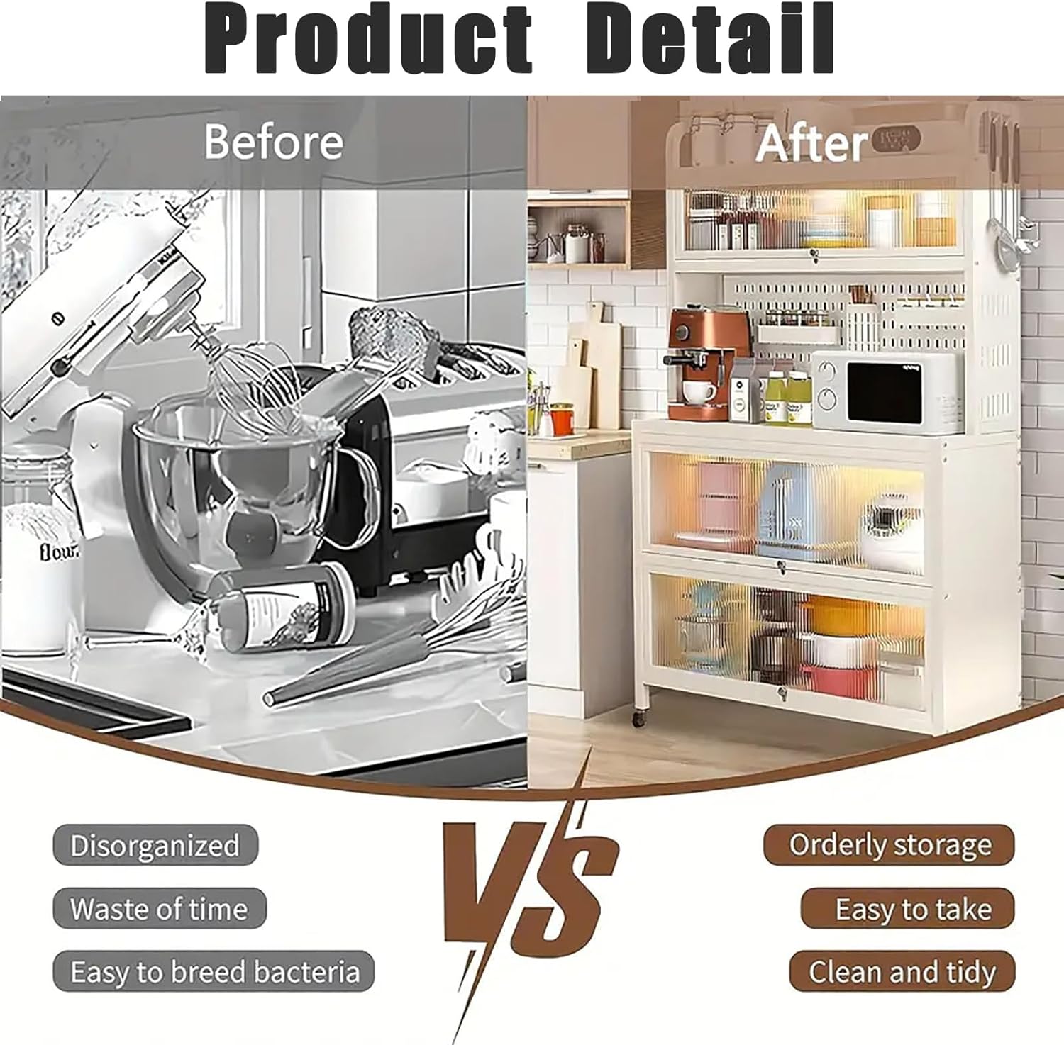 Kitchen Storage Cabinets, 63" Bakers Rack with Storage, Pantry Cabinet Microwave Stand with Wheels, Kitchen Storage Shelf Rack for Spices, Pots and Pans, White