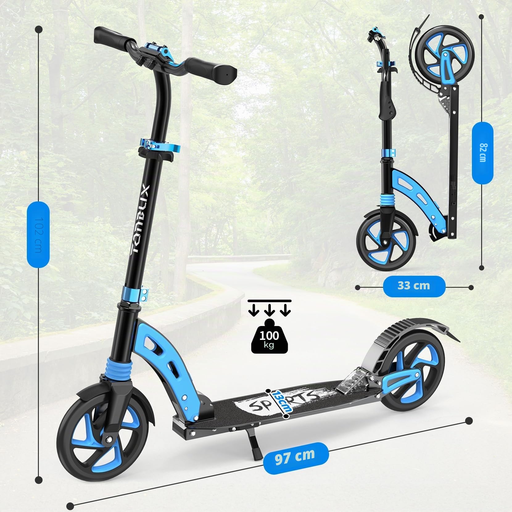TONBUX Patinete para Niños de 6, 7, 8 y 9 años en Adelante,Patinete de Aluminio para Adultos,Sistema de Doble Suspensión para Scooter Urbano,Scooter Plegable y Regulable en Altura