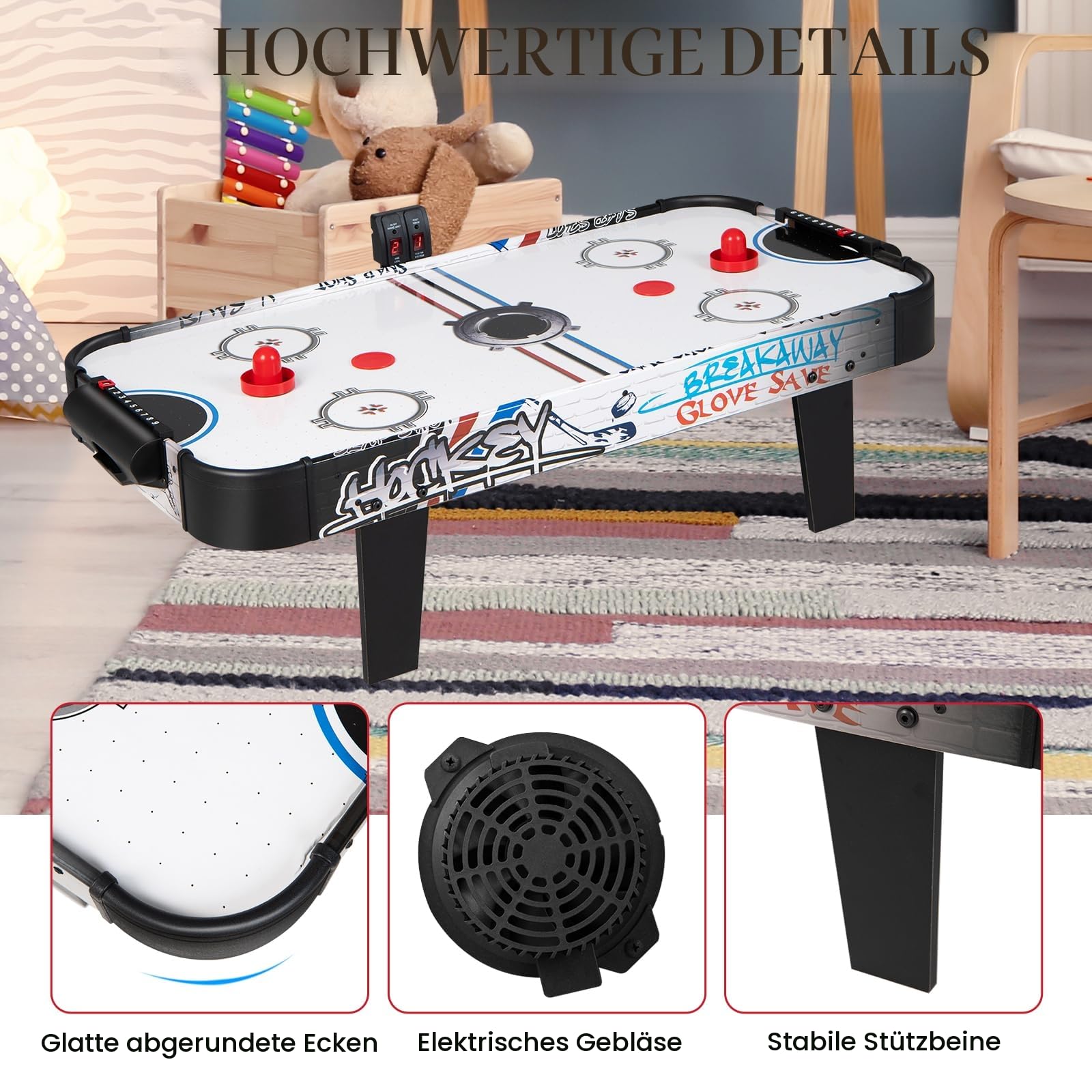 HOMASIS 42'' Airhockey Tisch, Air Hockey Spieltisch mit elektronischem LED-Punktezähler, Tischhockey inkl. 2 Pucks & 2 Griffen & 2 Ziele, Airhockeytisch Lufthockey Speedhockey für Kinder & Erwachsene