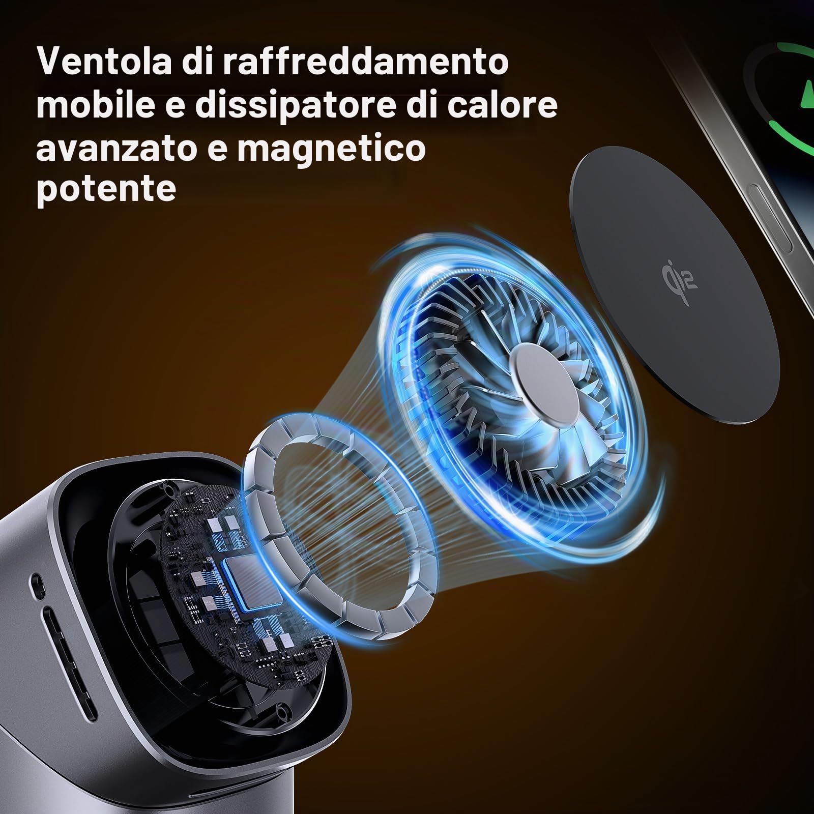 Stazione di ricarica a induzione 3-in-1 QI2, di ricarica wireless, la ricarica rapida, supporto per telefono compatibile con iPhone, AirPods, iWatch, con ventola di raffreddamento 33 W argento