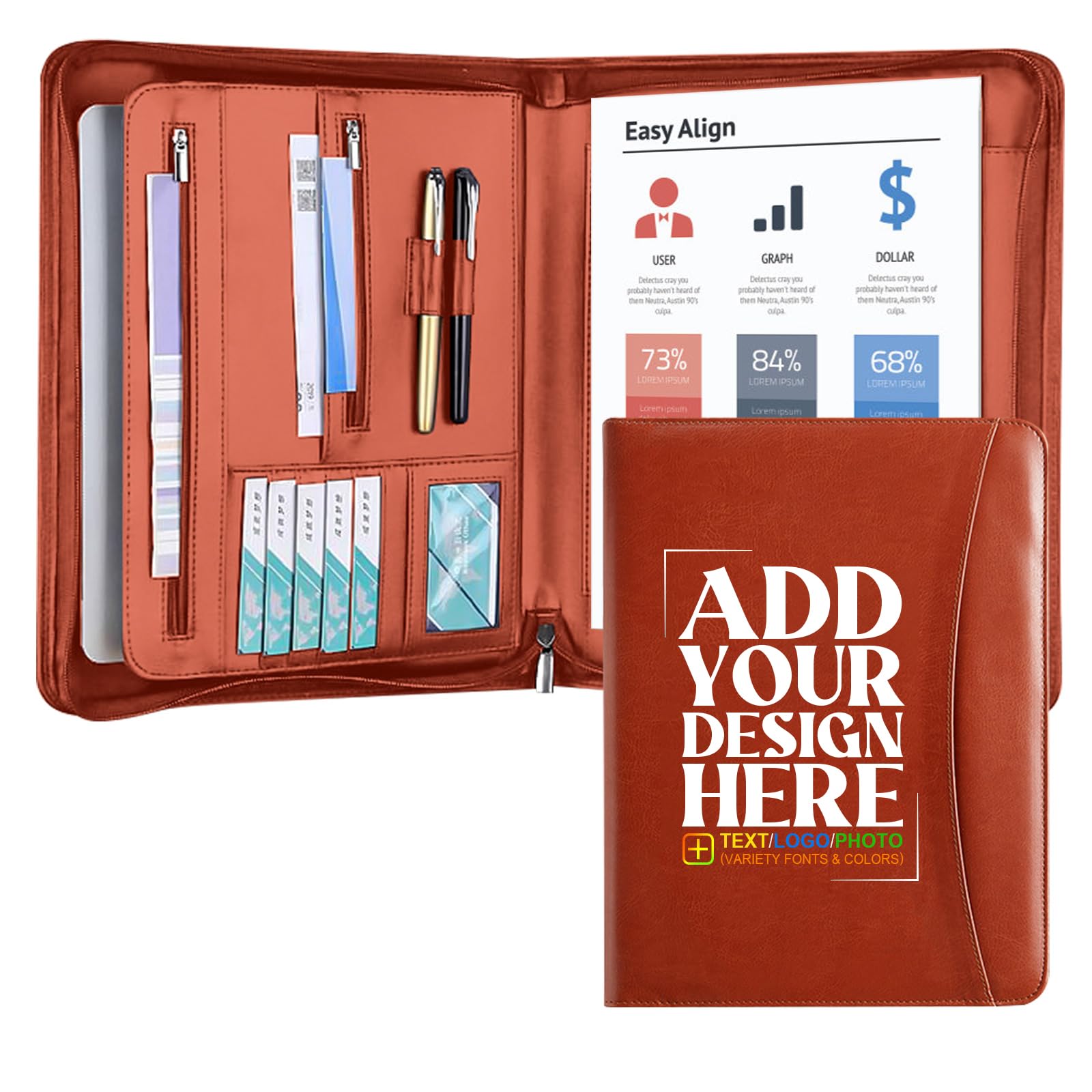 Personalized Padfolio with Zipper - Customized Leather Portfolio with Personalized Logo and Text for Resumes, Interviews, and Professional Business Use, Brown