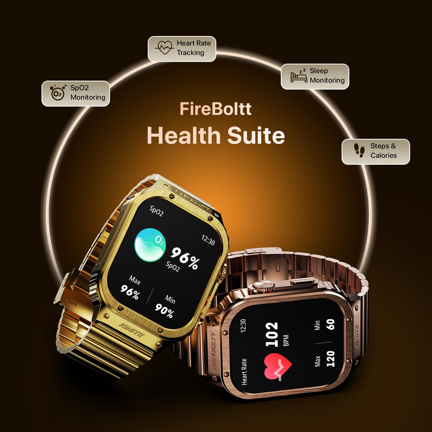 Fire-Boltt Maverick Smartwatch displaying SpO2 and Heart Rate monitoring, part of the FireBoltt Health Suite, with icons for sleep monitoring and steps & calories.