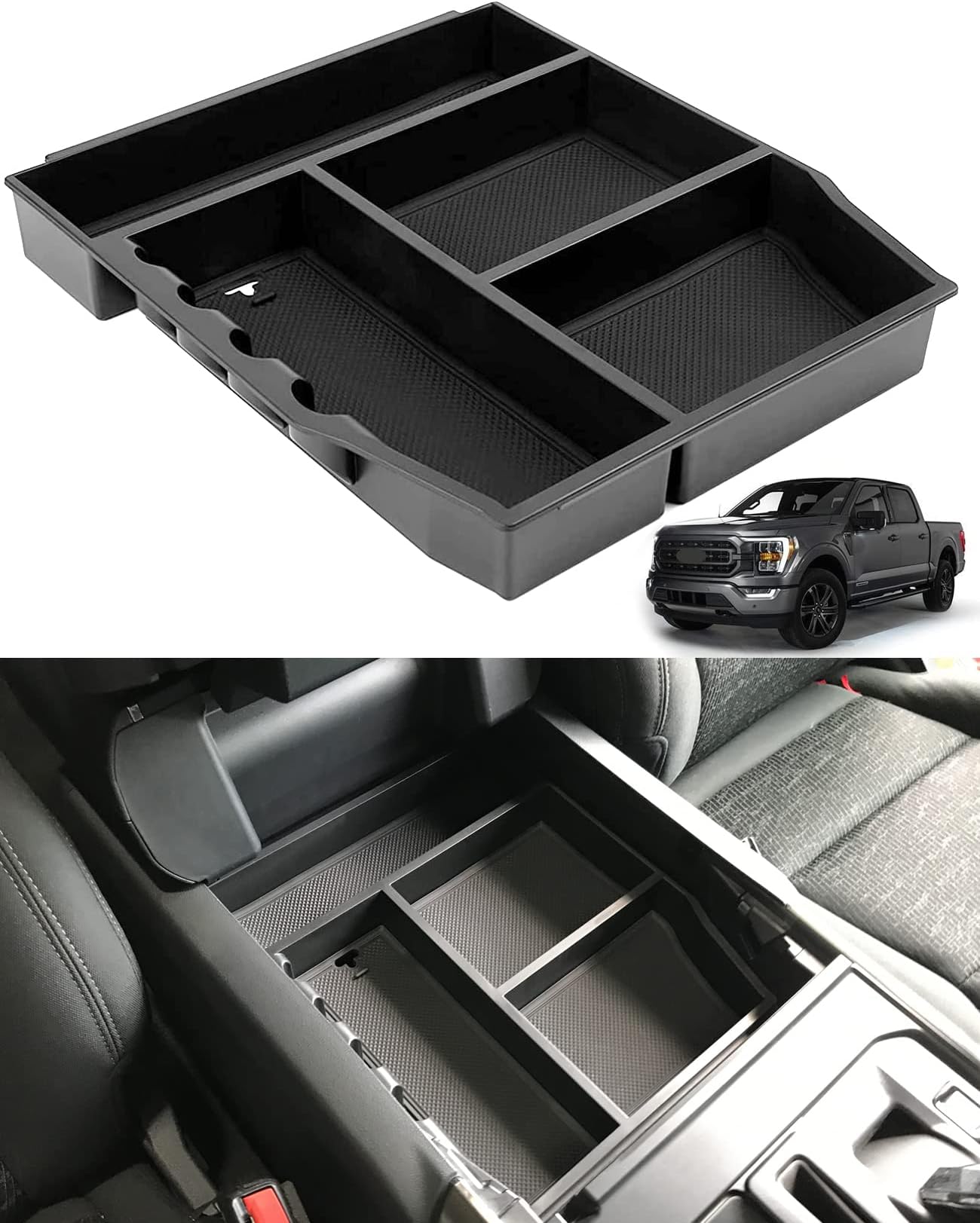 TopLight Center Console Organizer Tray Center Console Armrest Box Fit for 2021 Ford F150 Full Center Console Front Row 2 Seats Only Truck Interior Accessories,ABS Black Material with Anti Slip Mat