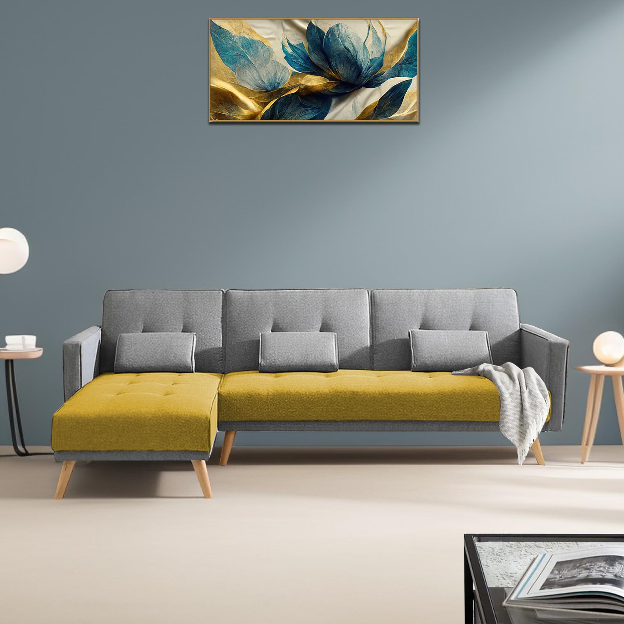 Casaliving Convertible Futon LHS 4 Seater Sofa Cum Bed with Adjustable Backrest Sofa for Living Room (Yellow Grey Colour) Premium Fabric Sofa