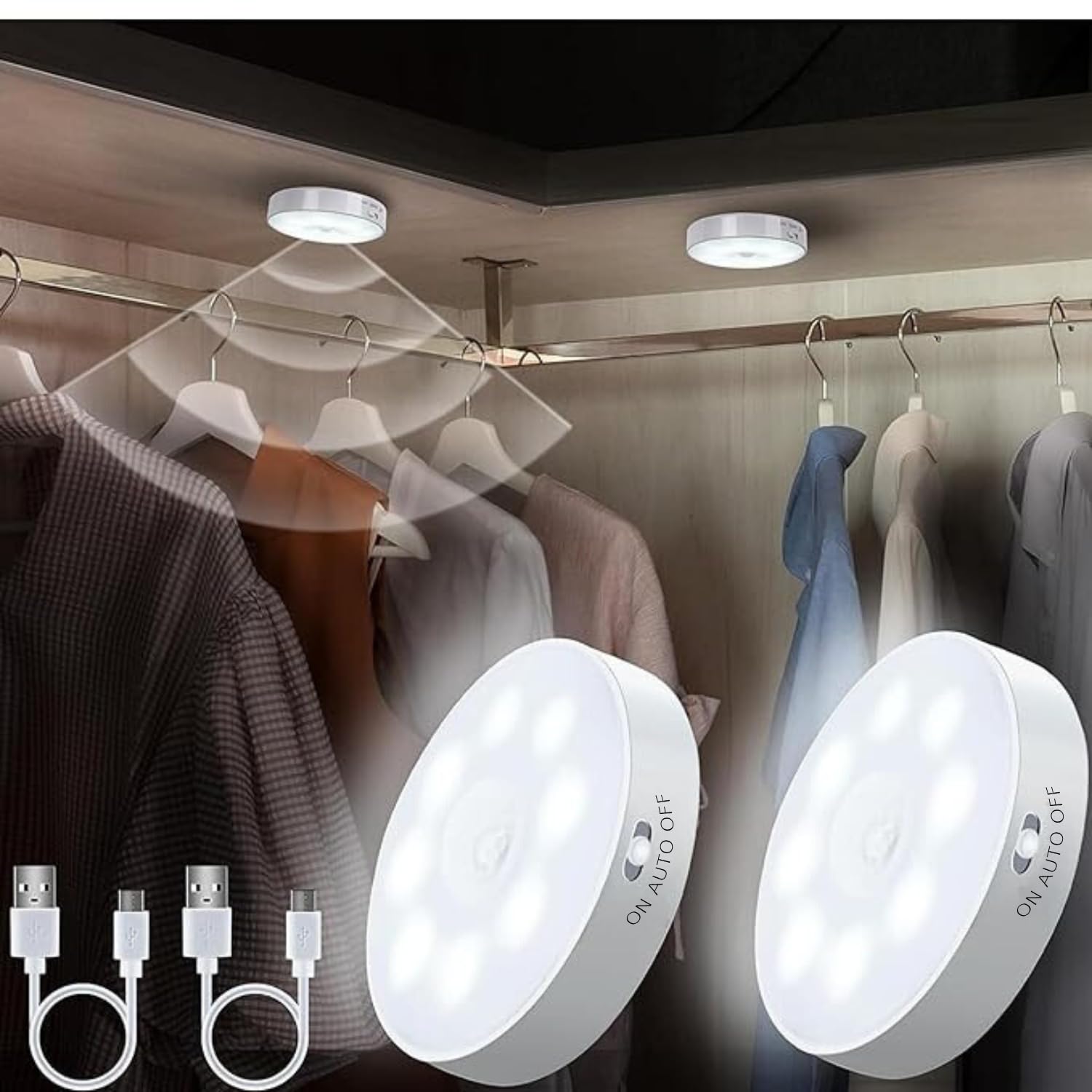 NIYAMAX USB-Rechargeable Motion Sensor Night Light with Self-Adhesive Design for Home Use - Ideal for Hallways, Wardrobes, Bedrooms, Stairs, Bathrooms, Kitchens, and Basements (Cool White, Pack 2)