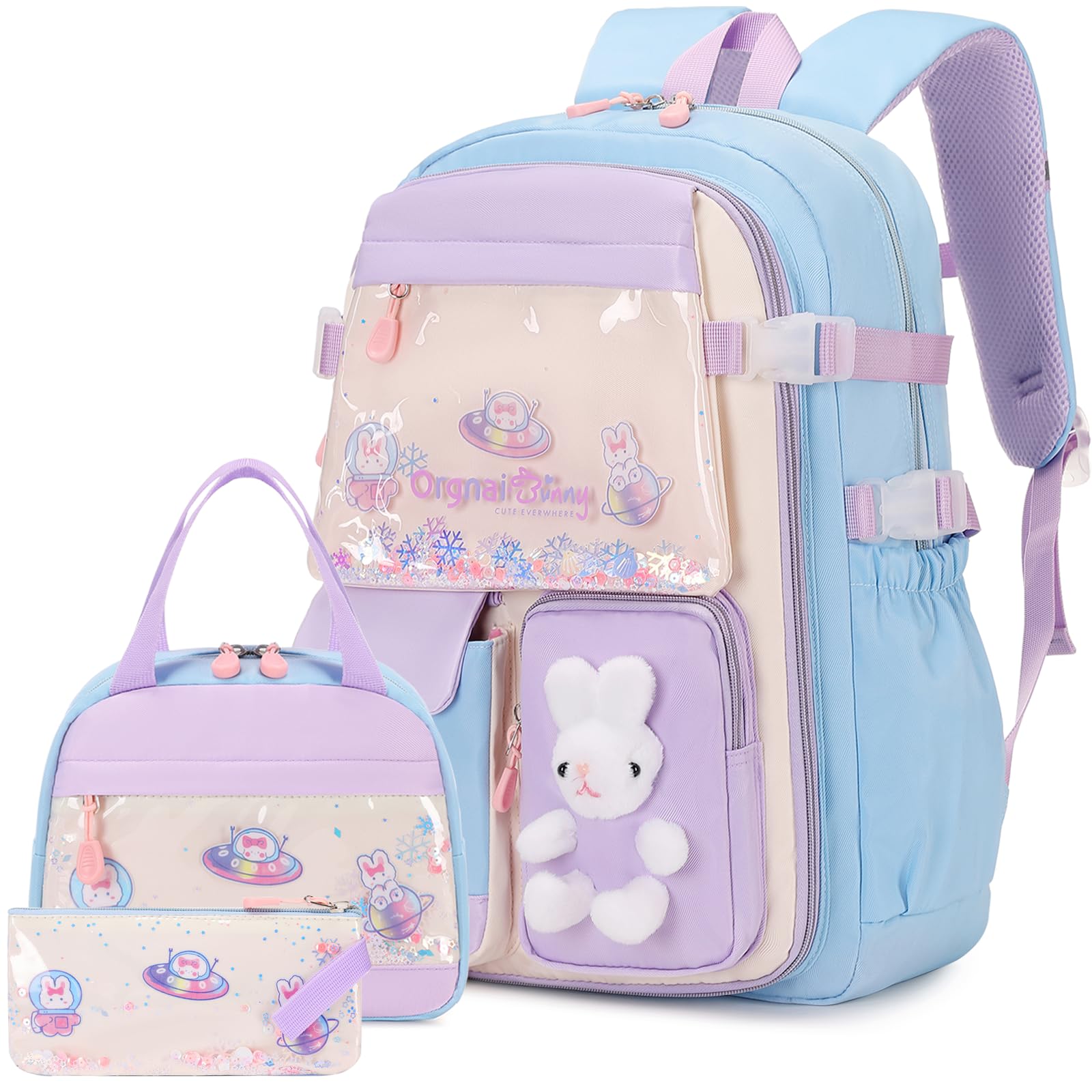 3Pcs Kawaii Cute Bunny Backpacks for Girls - School Bags with Lunch Box & Pencil Case, Pink & Blue
