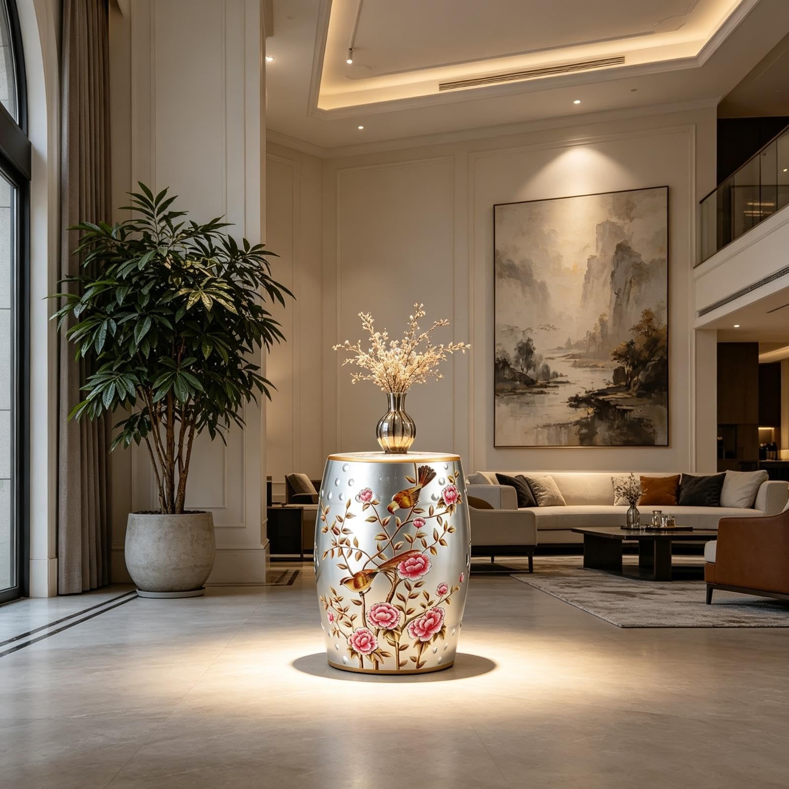 Dekoracyjny Ceramiczny Stołek Ogrodowy, Chinoiserie Na Zewnątrz Dekoracyjny Stołek Na Perkusję Wewnątrz Na Zewnątrz Stolik Boczny Na Patio W Ogrodzie Balkon Salon Łazienka(Silver)