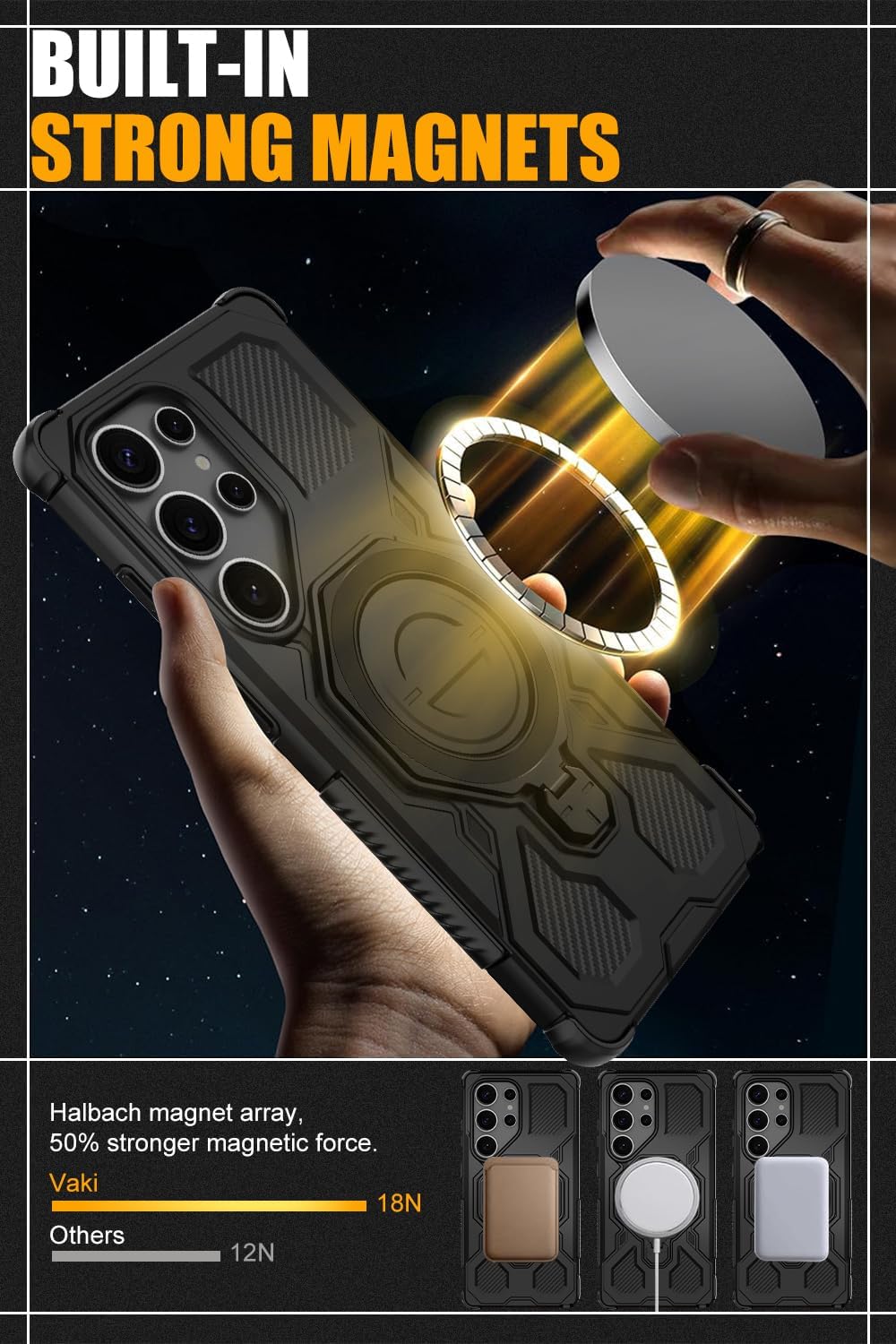 for Samsung Galaxy S25 Ultra Case with Tempered Glass Screen Protector, Heavy Duty Military Grade Shockproof Protective Cover 360° Ring Magnetic Kickstand Cell Phone Case for Samsung S25 Ultra (Black) - Image 3