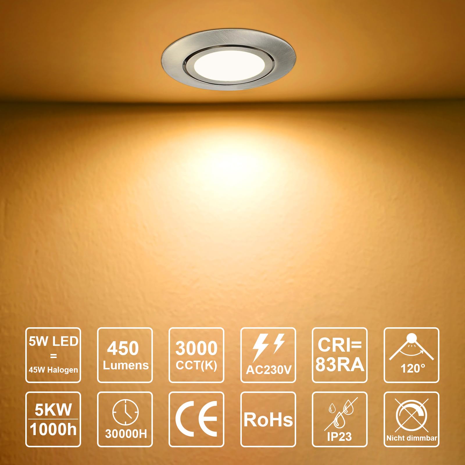 HiBay 10er LED Spot Set Einbaustrahler 230V GU10 Schwenkbar Einbauleuchte 68mm lochmaß Deckenspots Rund Einbauspot Inkl.5W Warmweiß Strahler