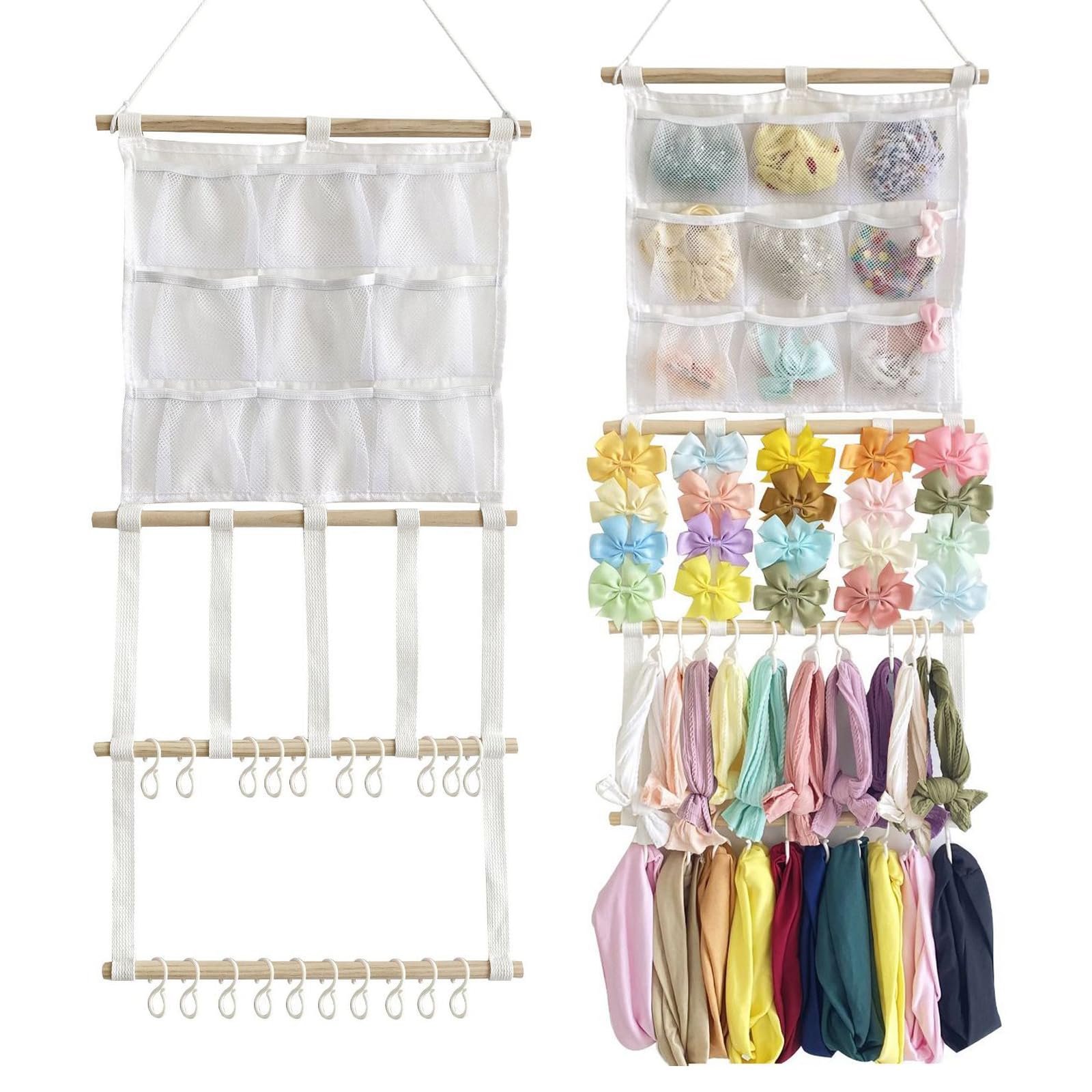 Hair Clip Organizer with 20 Hooks, White Cloth Hair Accessory Organizer and Claw Clip Holder, Multi-Compartment Door Hanging Storage Bag for Women-image-13