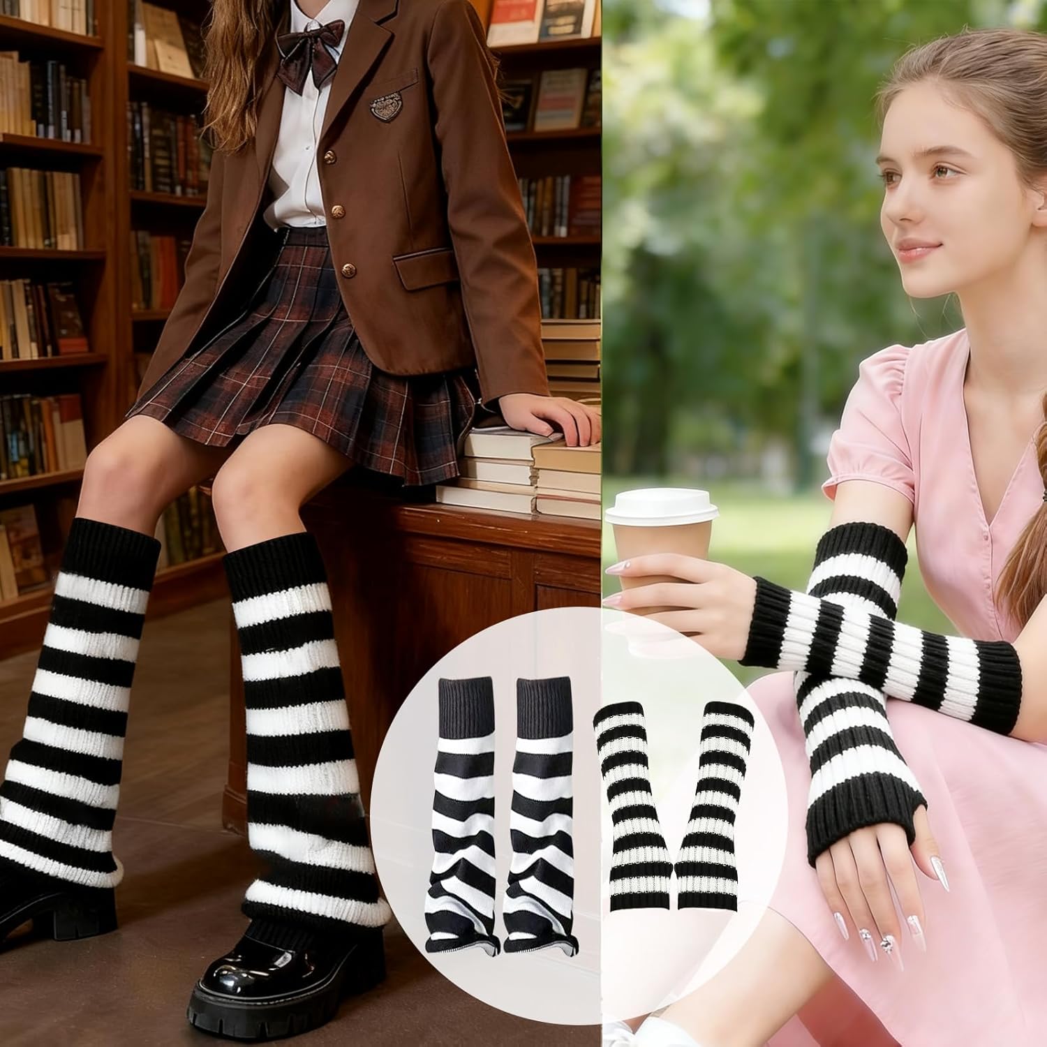 Y2k Cat Beanie With Kawaii Leg Cover Accessories,Striped Beanie Cat Ears Hat Arm and Leg Warmers of Y2k Accessories