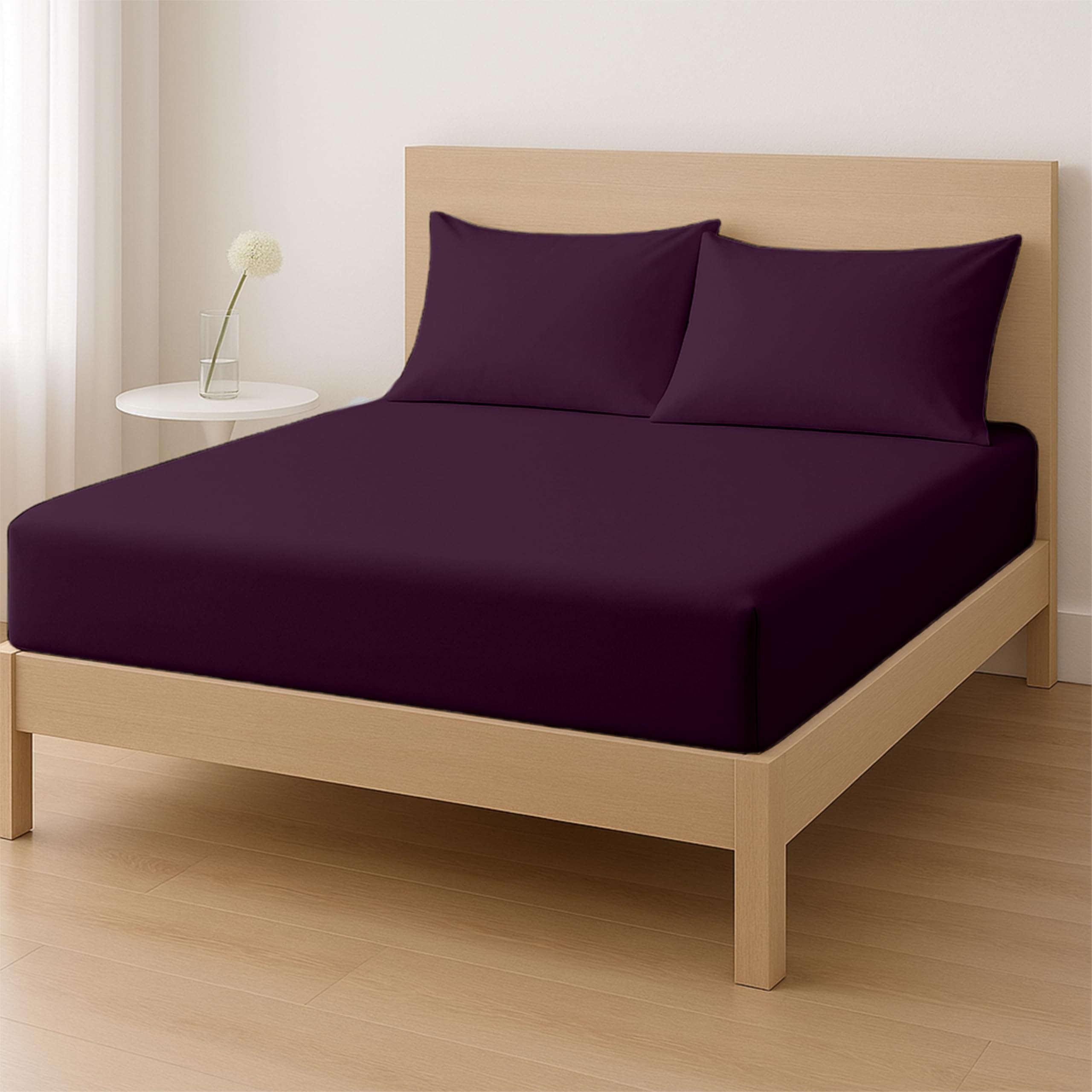 Rohi Super King Fitted Sheet Set – 25cm Deep with Elasticated Corners – Soft & Breathable Cotton Blend Fitted Sheet with Pillowcases – Shrink & Fade Resistant – Bed Sheet Set (Plum, Super King)