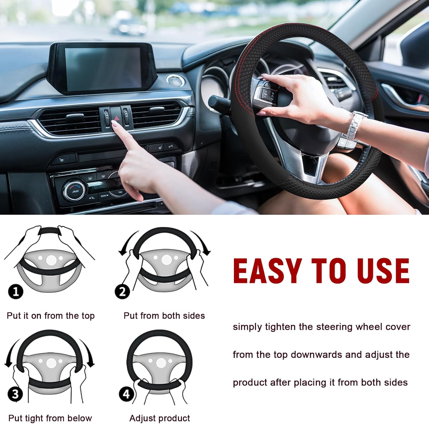 Car Steering Wheel Cover,15 Inch Microfiber Leather Steering Wheel Covers with Anti-Slip Lining,Breathable Odorless Car Wheel Cover Protector,Steering Wheel Accessories Interior for Women Men (Black) - Image 6