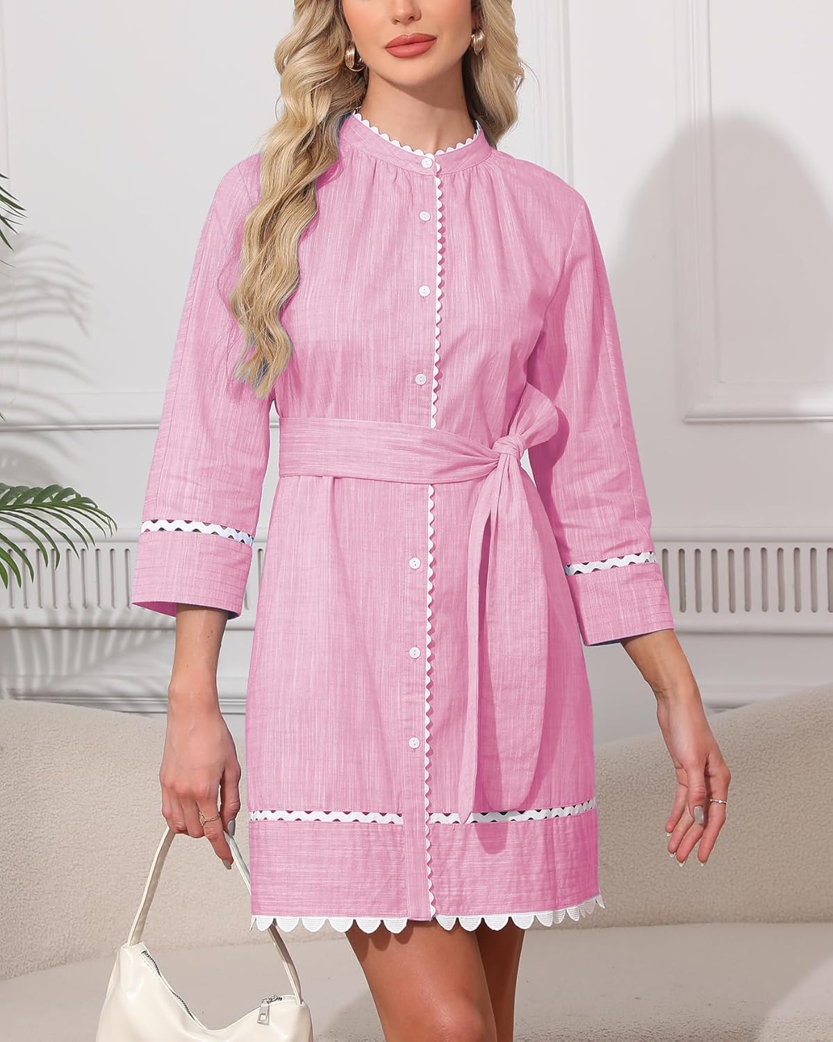 Women's Button Down Shirt Dress Fall 3/4 Sleeve Belted Tunic Casual Cotton Linen RIC Rac Trim Mini Dresses with Pockets - Image 3